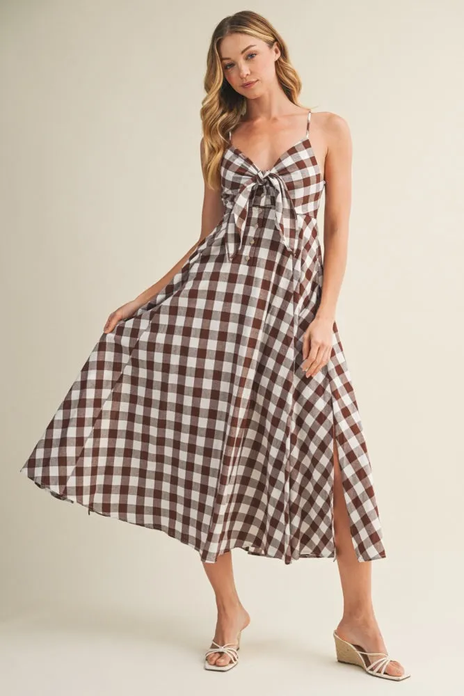 Chocolate Gingham Tie Front Racerback Midi Dress sold by Pinkblush product image thumbnail 2