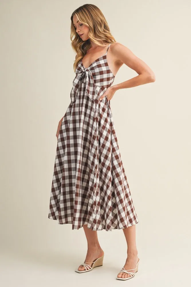 Chocolate Gingham Tie Front Racerback Midi Dress sold by Pinkblush product image thumbnail 3