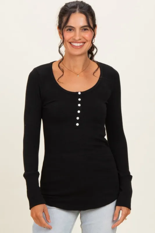 Black Ribbed Henley Top made by Pinkblush