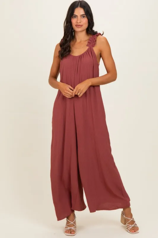 Marsala Ruffle Strap Wide Leg Jumpsuit made by Pinkblush