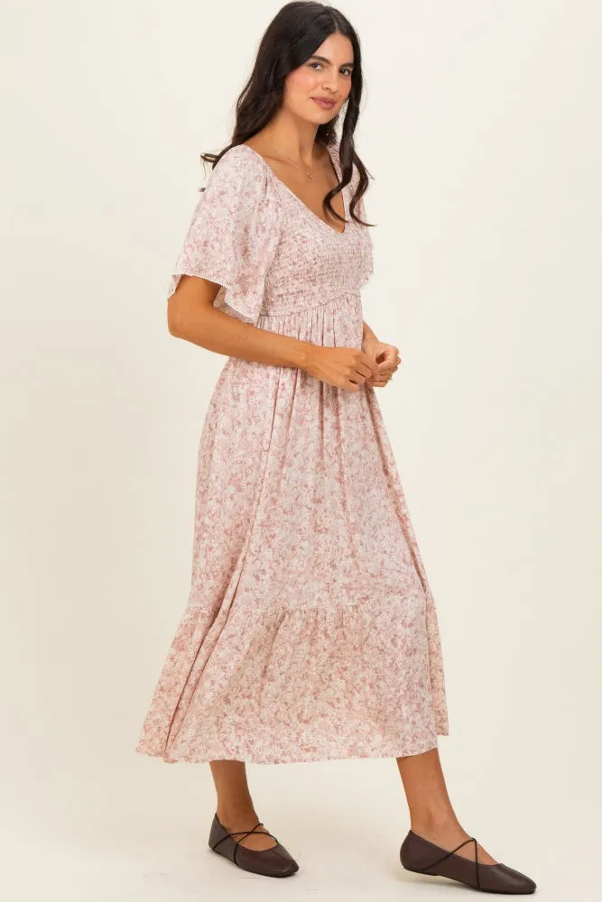 Mauve Flutter Sleeve Floral Print Smocked Chest Ruffled Hem Dress sold by Pinkblush product image thumbnail 2