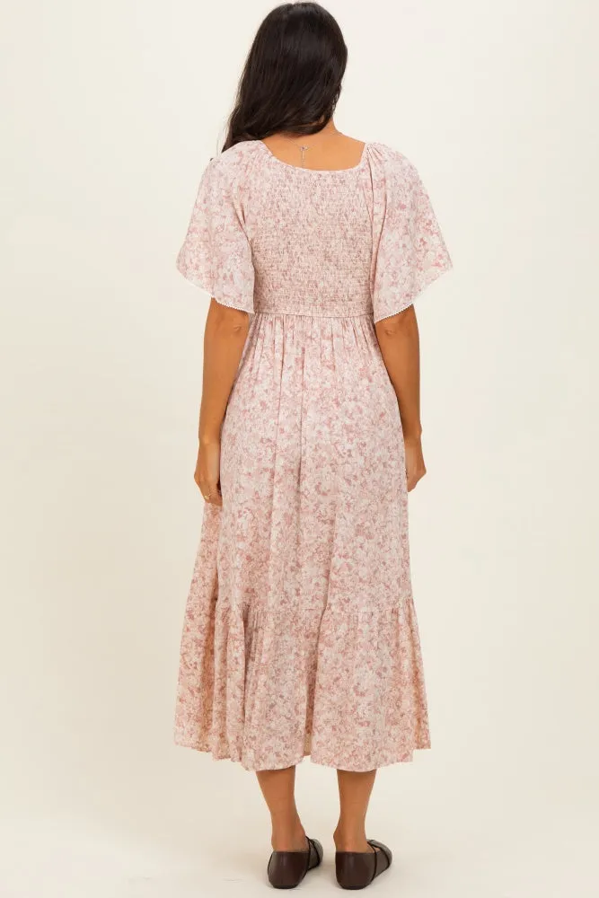 Mauve Flutter Sleeve Floral Print Smocked Chest Ruffled Hem Dress sold by Pinkblush product image thumbnail 3