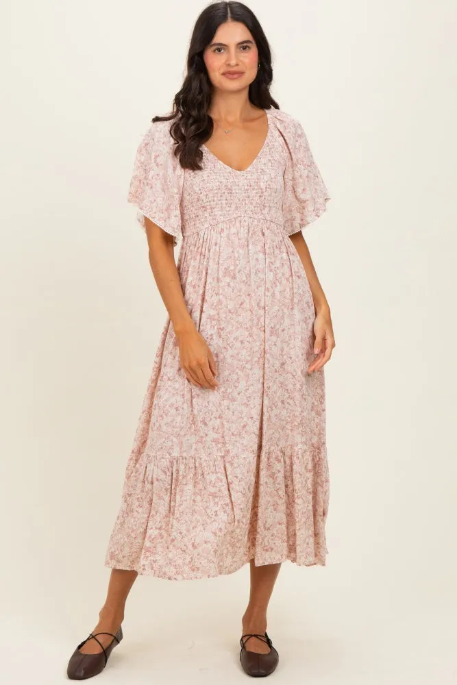 Mauve Flutter Sleeve Floral Print Smocked Chest Ruffled Hem Dress sold by Pinkblush