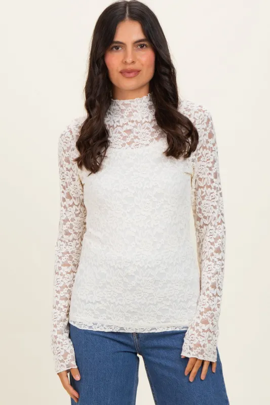 Ivory High Neck Fitted Sheer Lace Top made by Very J