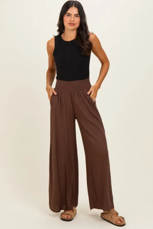 Brown Smocked Waistband Wide Leg Lounge Pants made by Zenana Outfitters