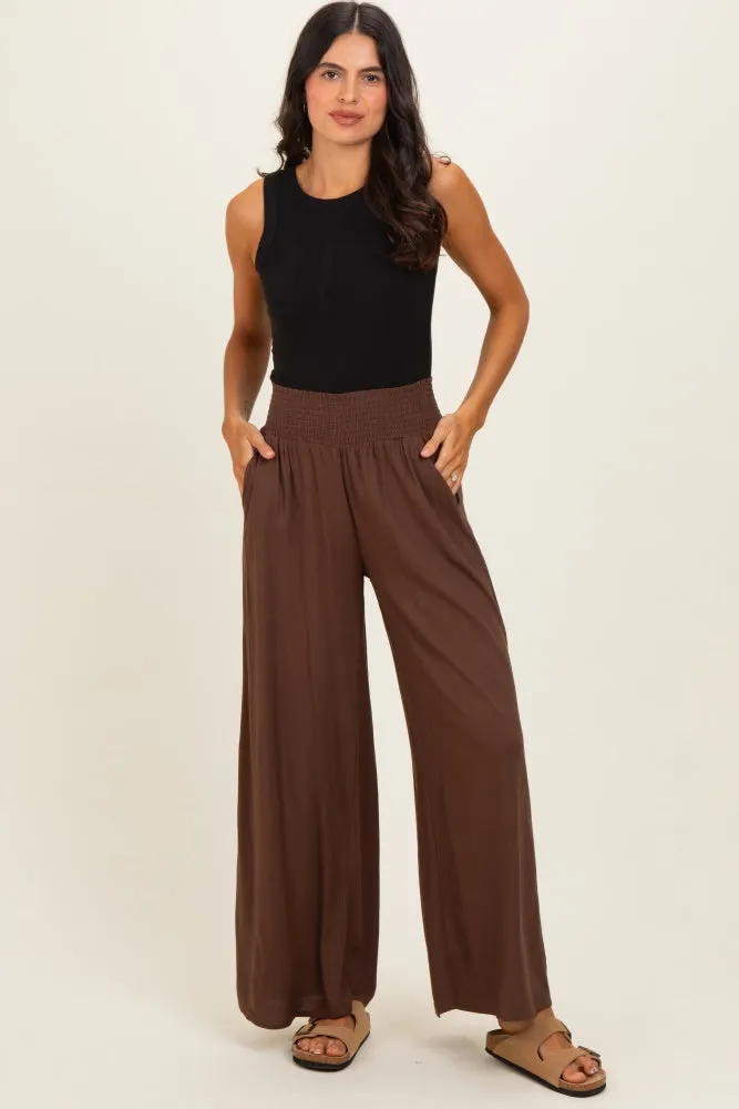Brown Smocked Waistband Wide Leg Lounge Pants sold by Pinkblush
