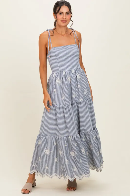 Navy Striped Embroidered Shoulder Tie Midi Dress made by Flying Tomato