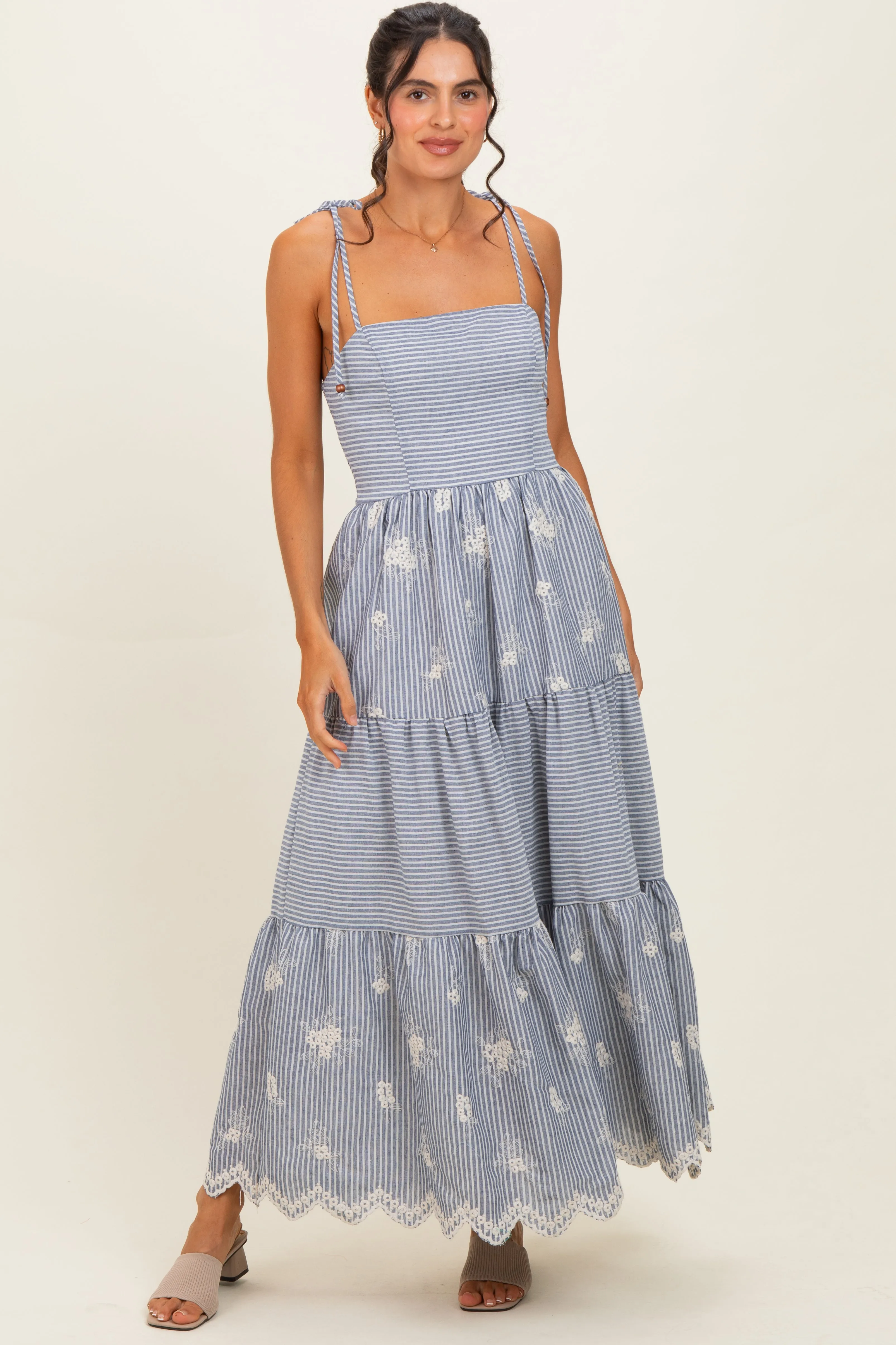 Navy Striped Embroidered Shoulder Tie Midi Dress sold by Pinkblush