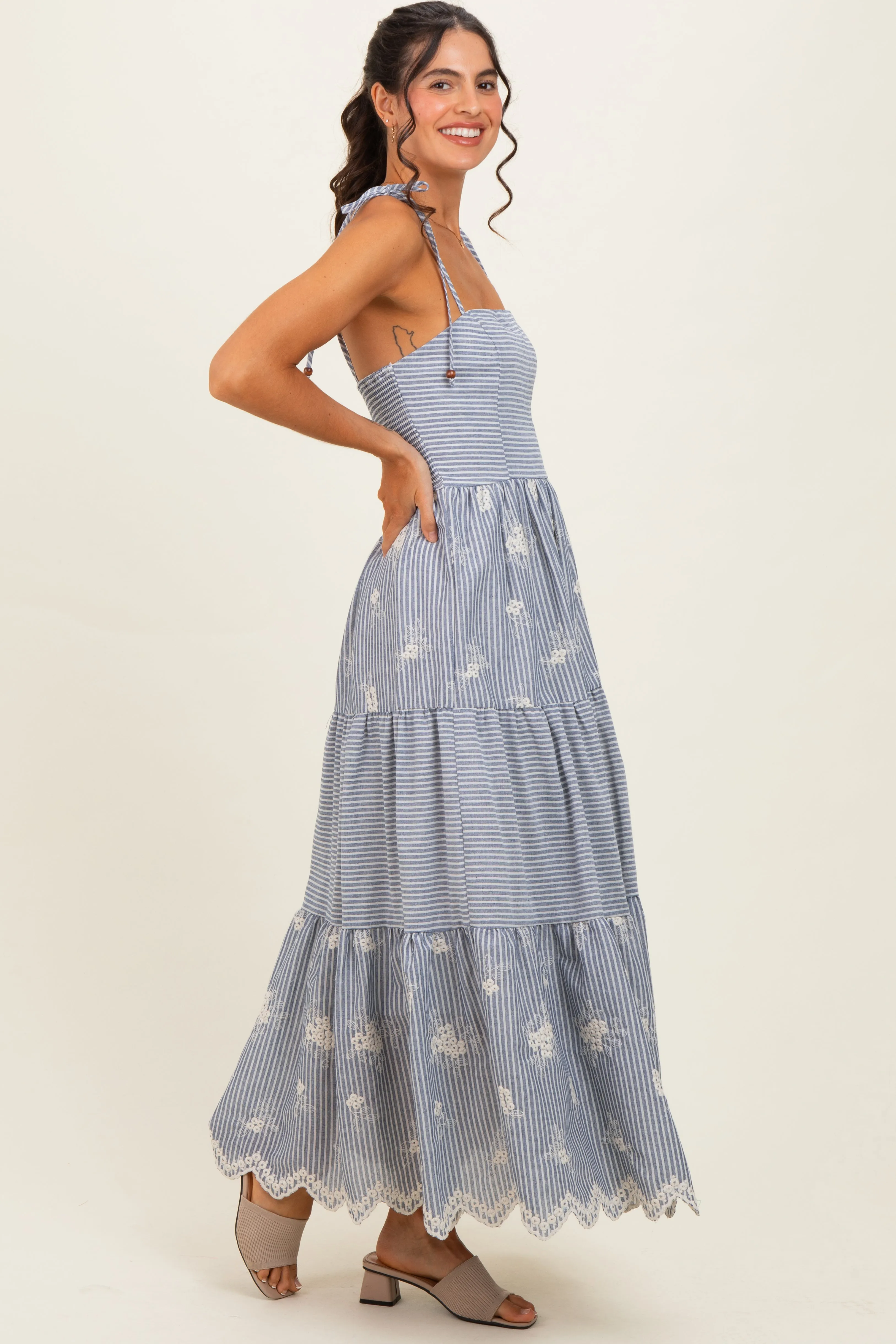 Navy Striped Embroidered Shoulder Tie Midi Dress sold by Pinkblush product image thumbnail 2