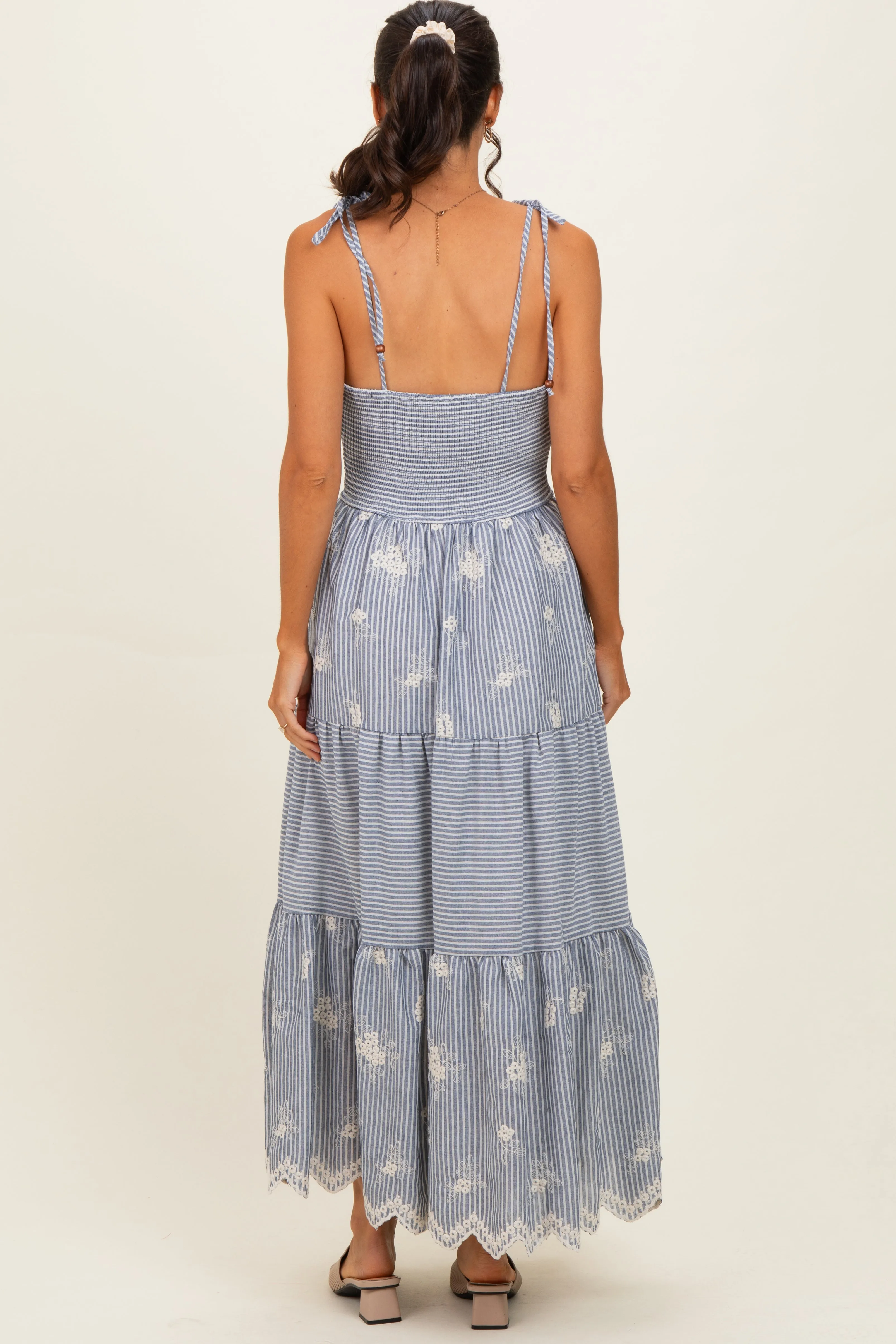 Navy Striped Embroidered Shoulder Tie Midi Dress sold by Pinkblush product image thumbnail 3