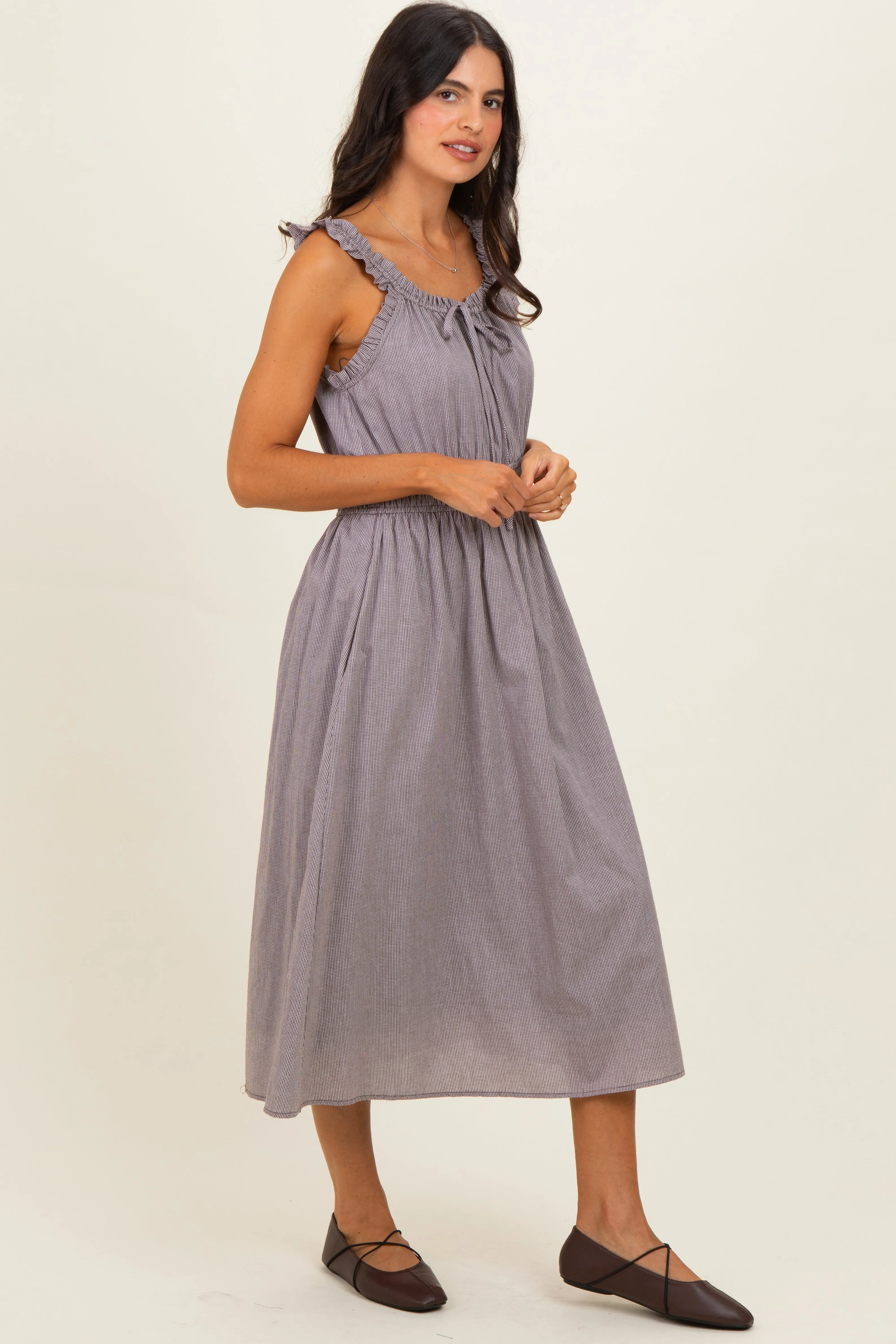 Brown Cinched Waist Front Tie Midi Dress sold by Pinkblush product image thumbnail 2
