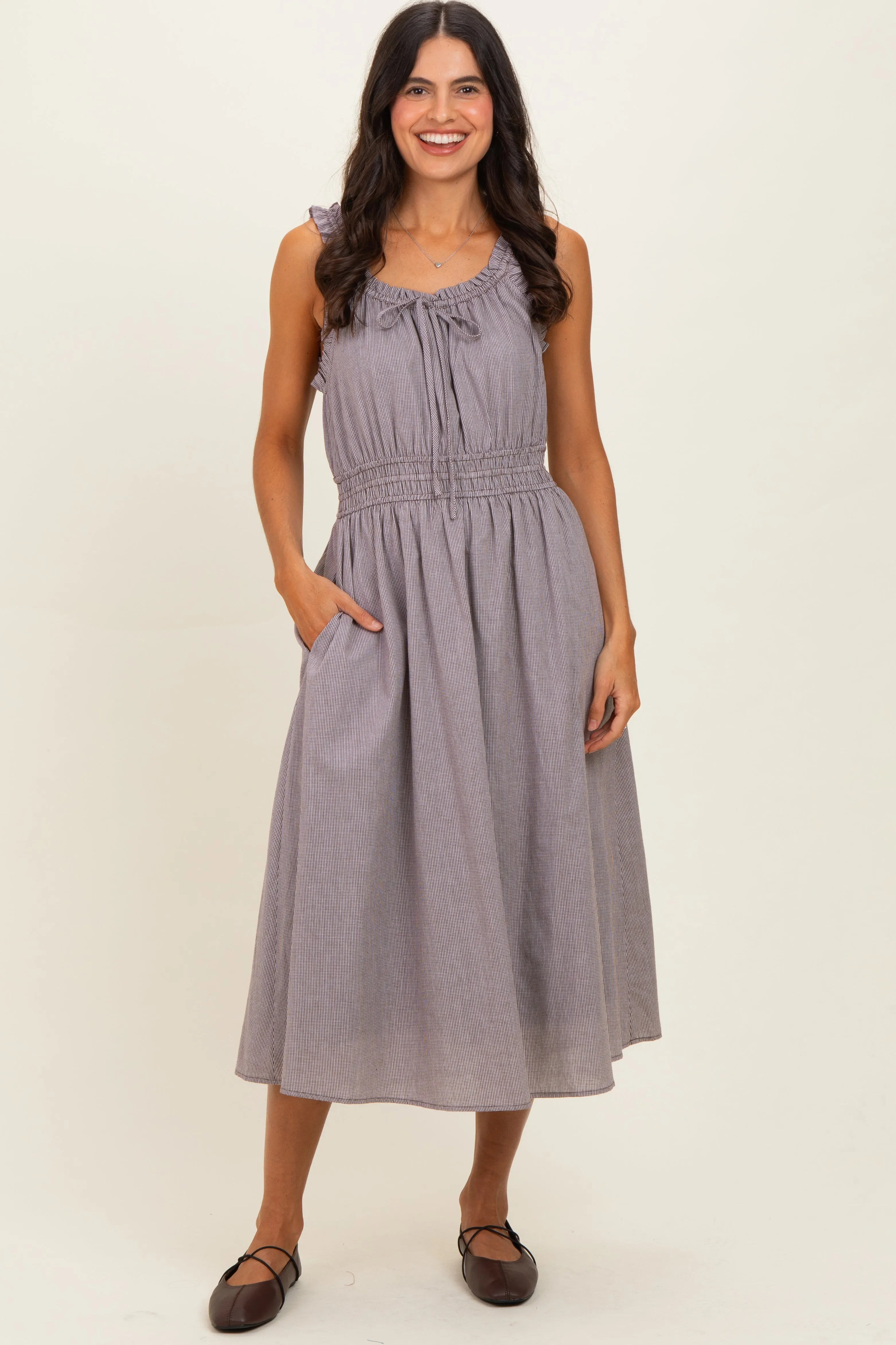 Brown Cinched Waist Front Tie Midi Dress sold by Pinkblush