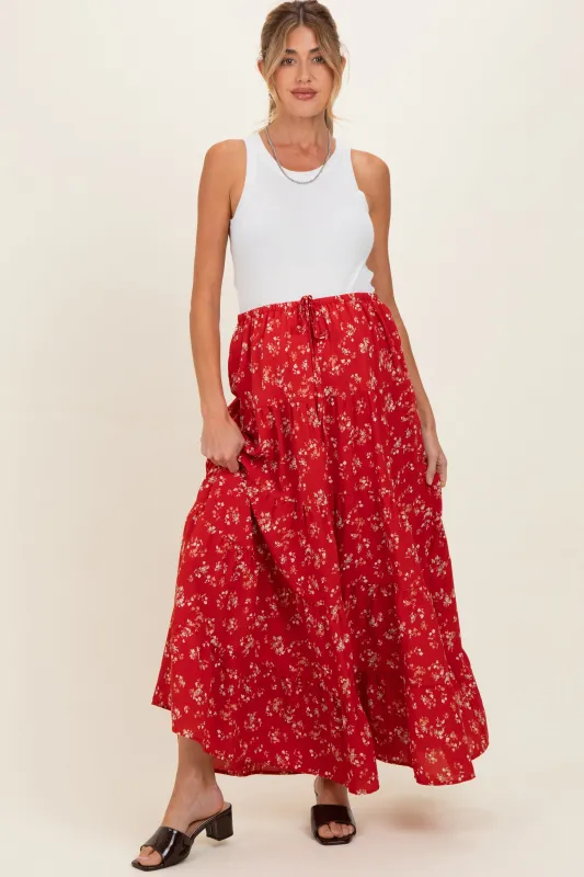 Red Floral Tiered Maternity Maxi Skirt made by BaeVely