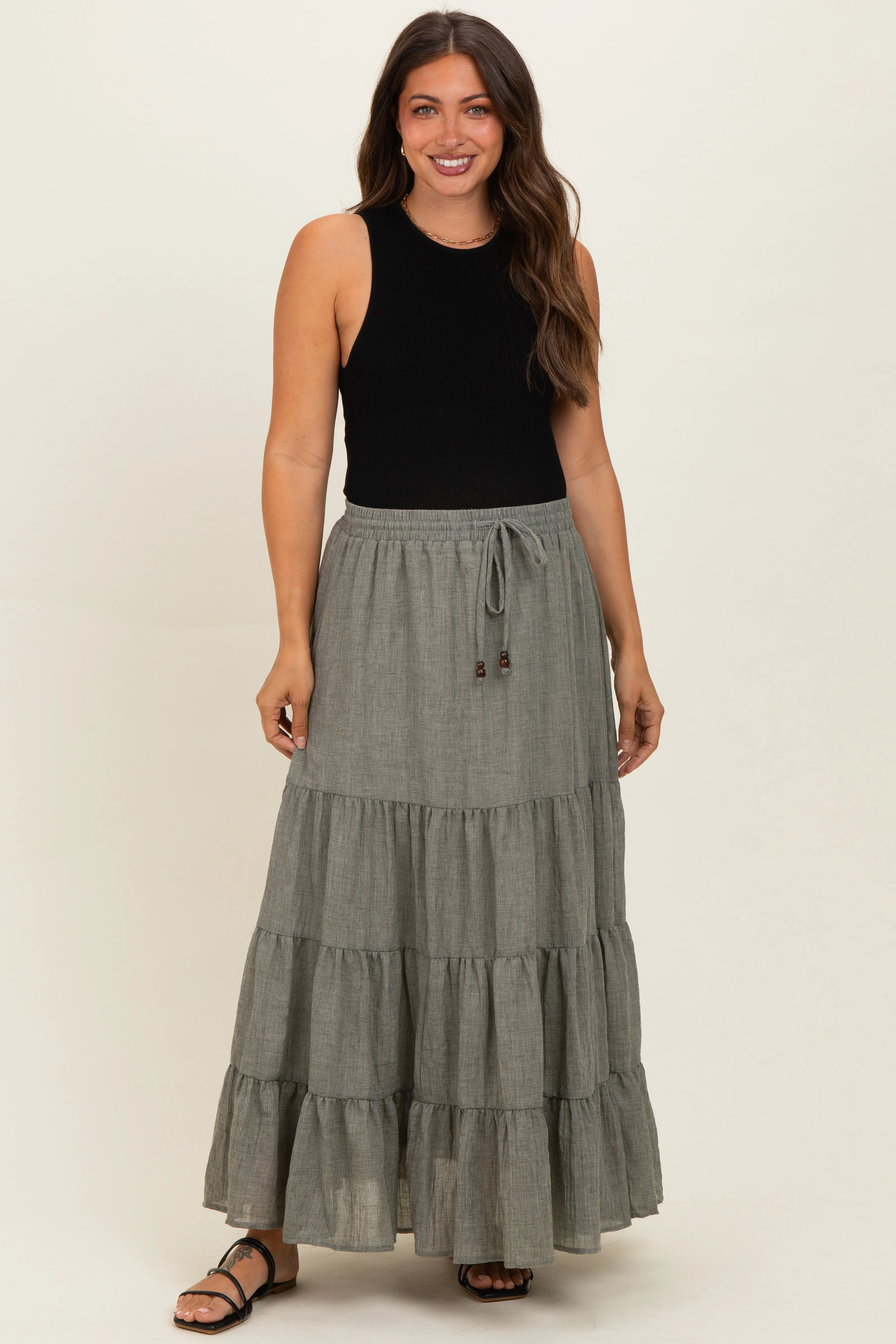 Olive Tiered Drawstring Maternity Maxi Skirt sold by Pinkblush
