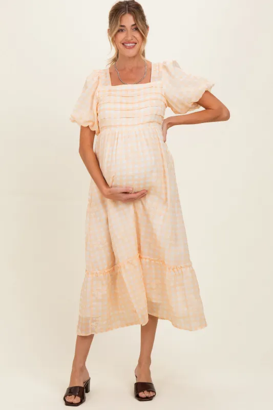 Yellow Gingham Pleated Square Neck Maternity Midi Dress made by Polagram