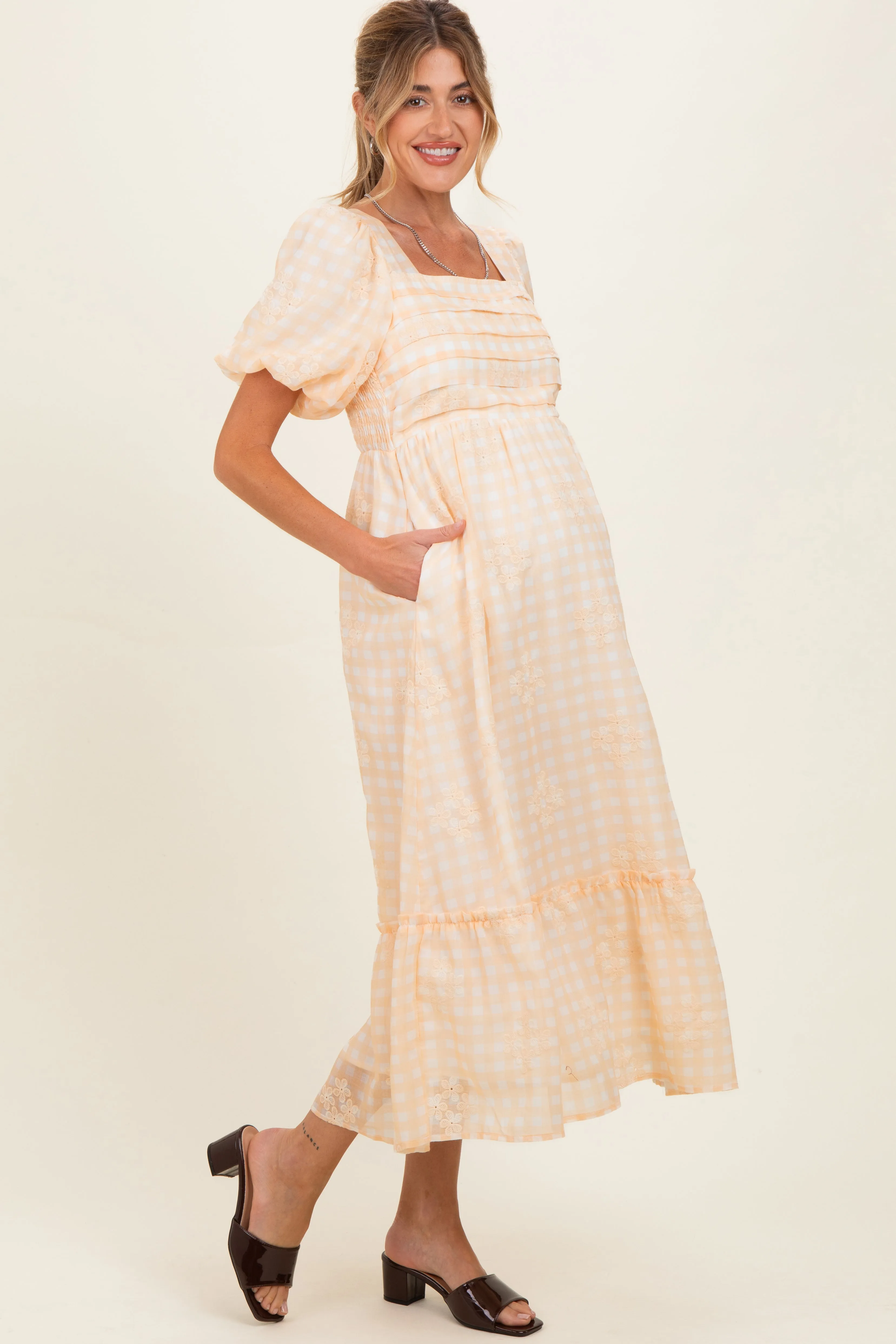 Yellow Gingham Pleated Square Neck Maternity Midi Dress sold by Pinkblush product image thumbnail 2