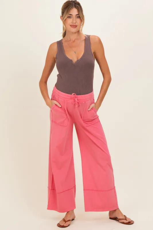 Hot Pink Mineral Wash Wide Leg Ankle Maternity Pants made by Rae Mode