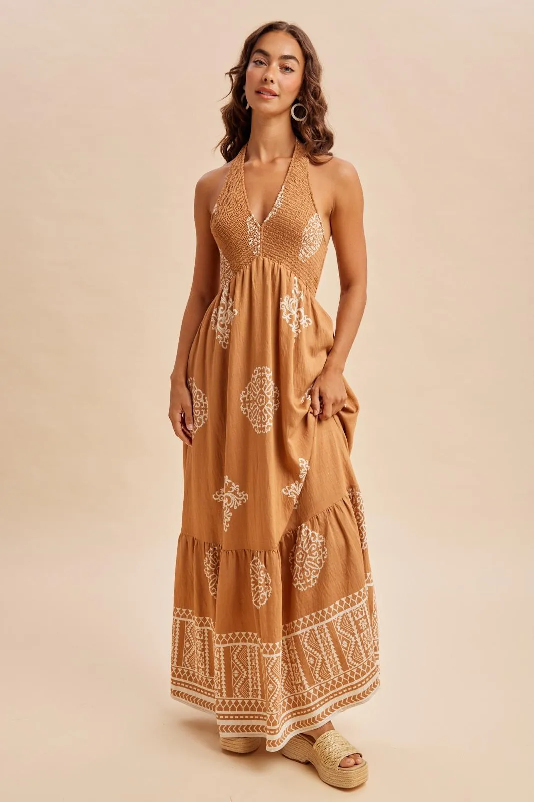 Sandalwood Printed Smocked Halter Maxi Dress sold by Pinkblush