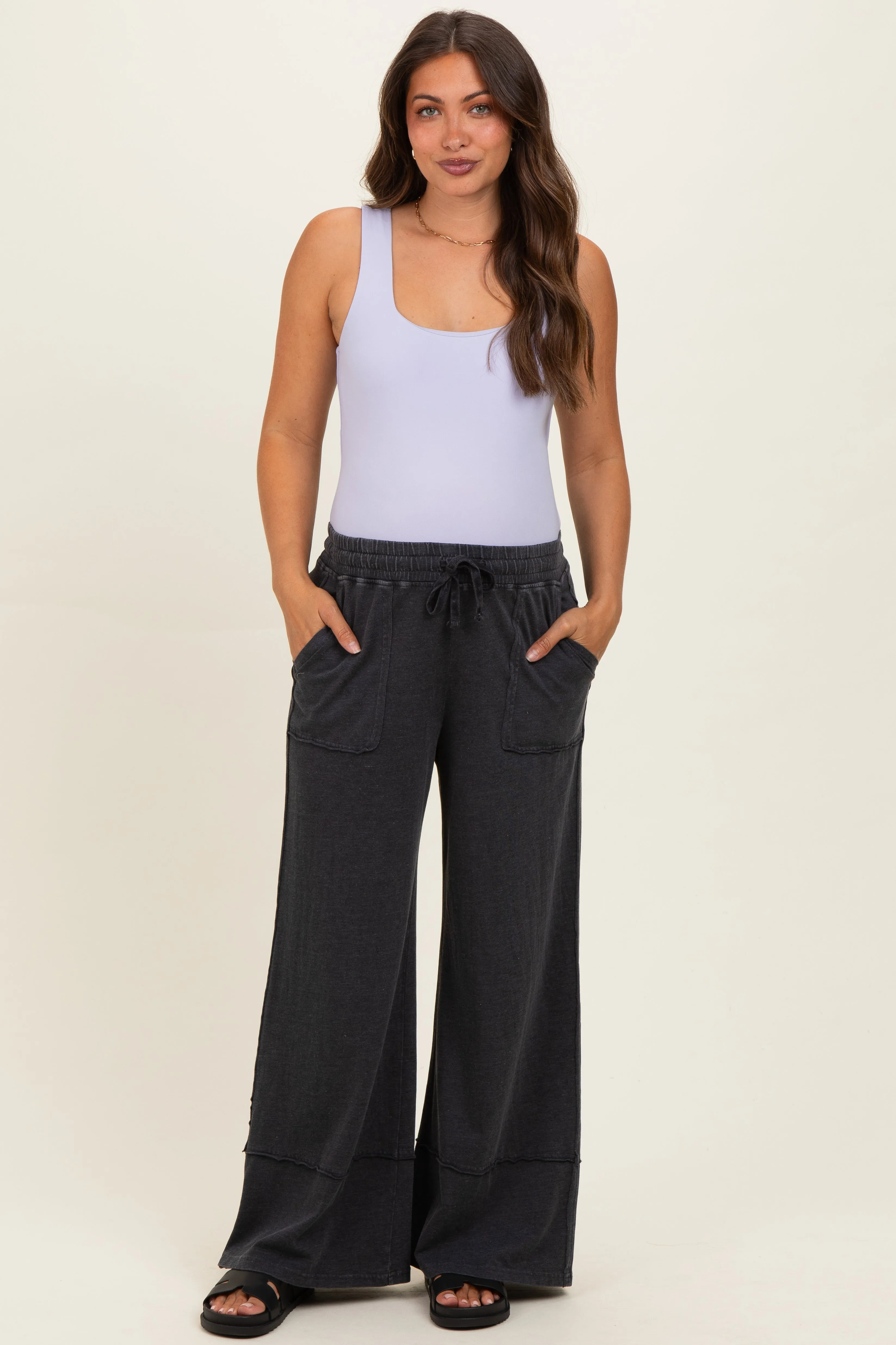 Black Mineral Wash Wide Leg Ankle Maternity Pants sold by Pinkblush