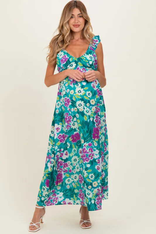 Teal Floral V-Neck Ruffle Strap Maternity Maxi Dress made by lovestitch