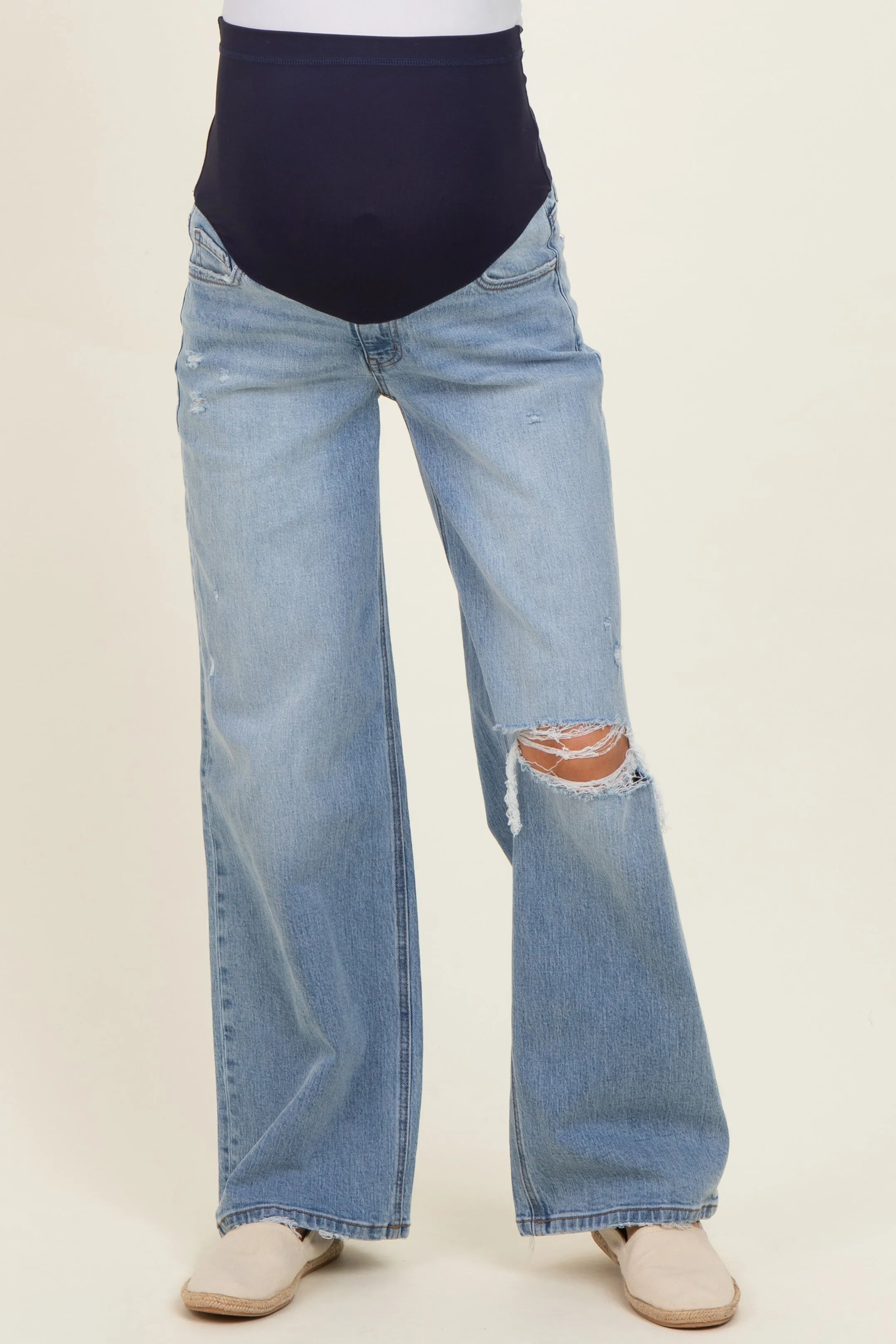 Light Blue Distressed Open Knee Maternity Wide Leg Jeans sold by Pinkblush product image thumbnail 2
