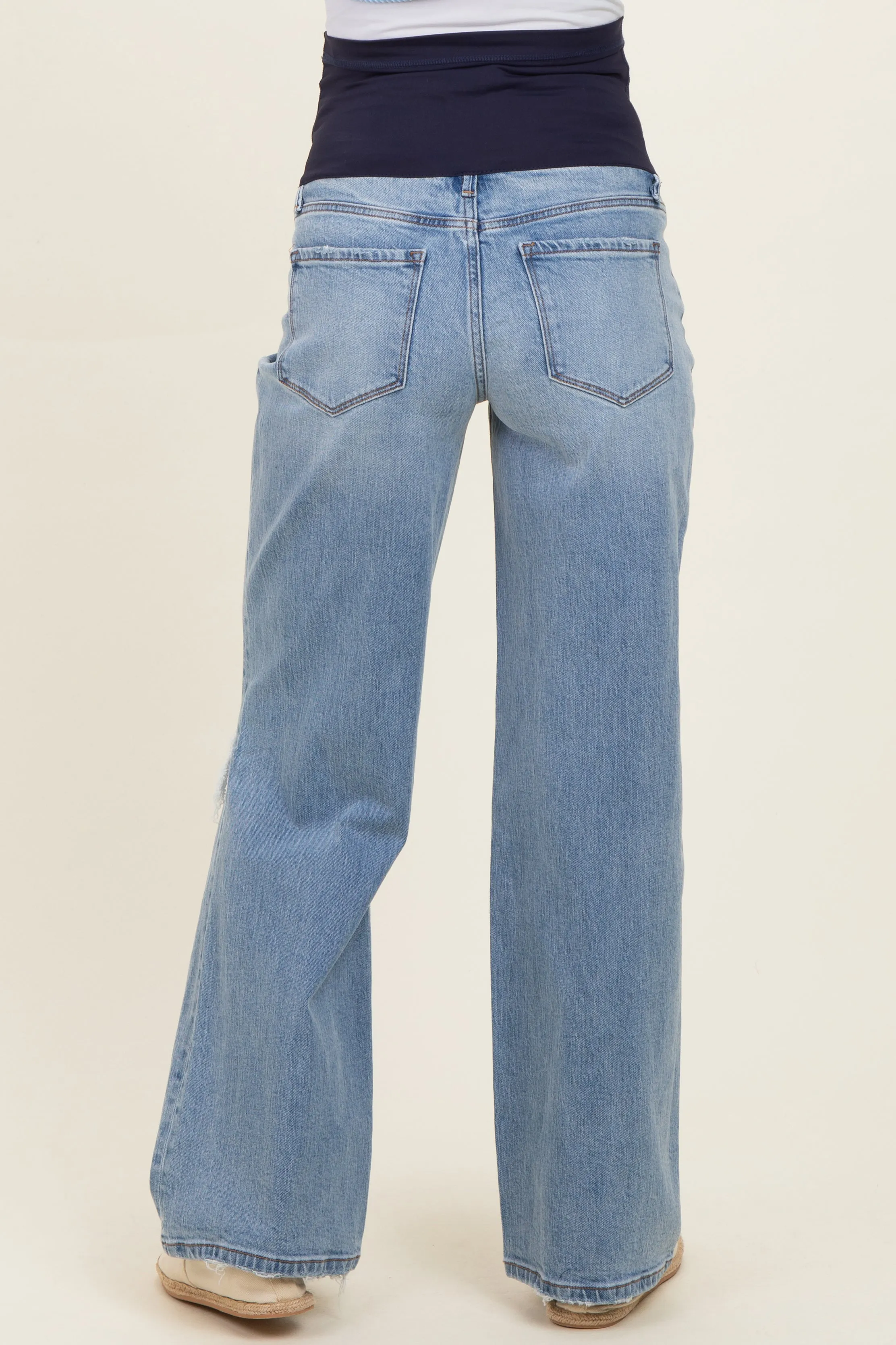 Light Blue Distressed Open Knee Maternity Wide Leg Jeans sold by Pinkblush product image thumbnail 4