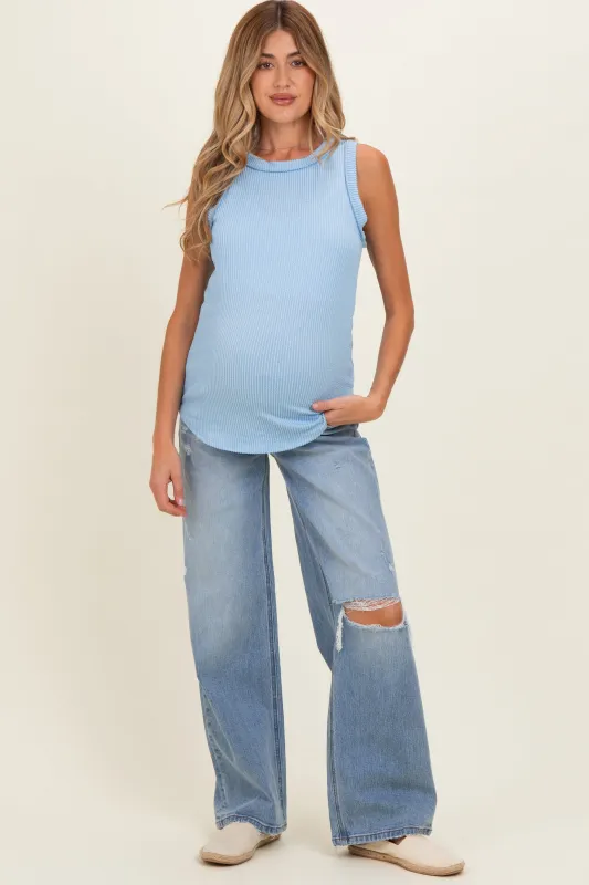 Light Blue Distressed Open Knee Maternity Wide Leg Jeans made by Vervet