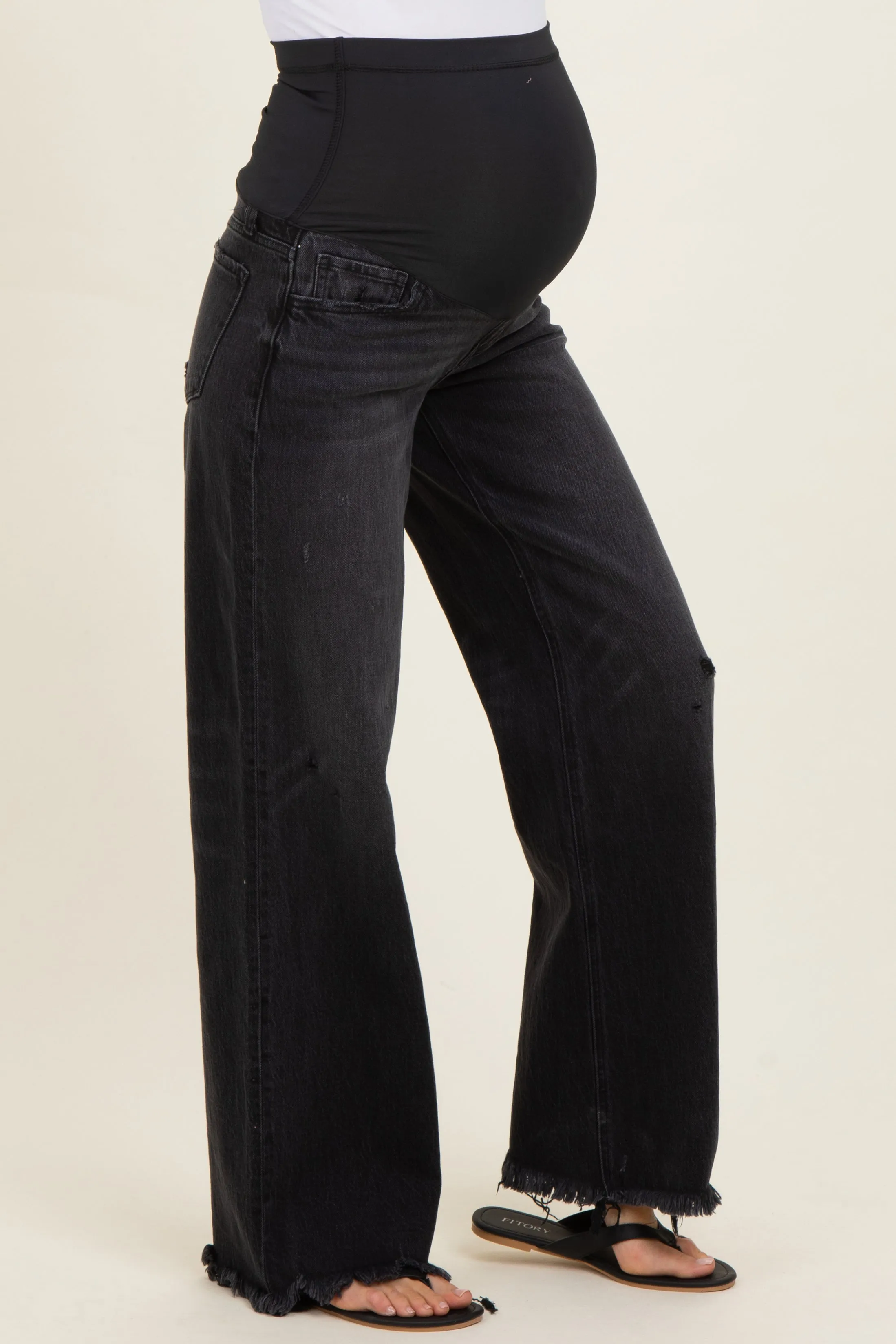 Black Frayed Hem Wide Leg Maternity Jeans sold by Pinkblush