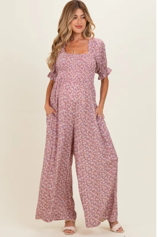 Dusty Pink Floral Wide Leg Maternity Jumpsuit made by Pinkblush
