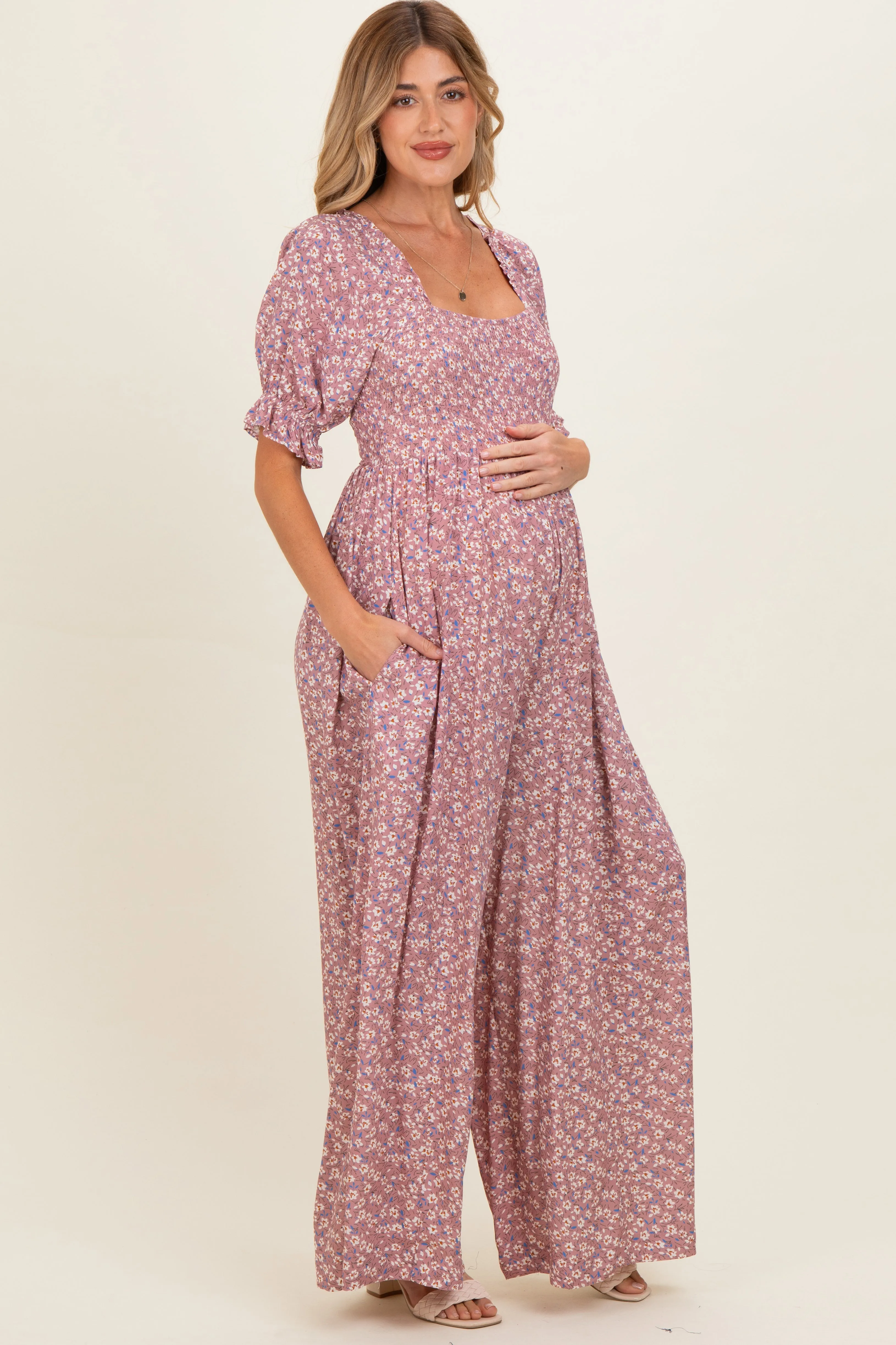 Dusty Pink Floral Wide Leg Maternity Jumpsuit sold by Pinkblush product image thumbnail 2