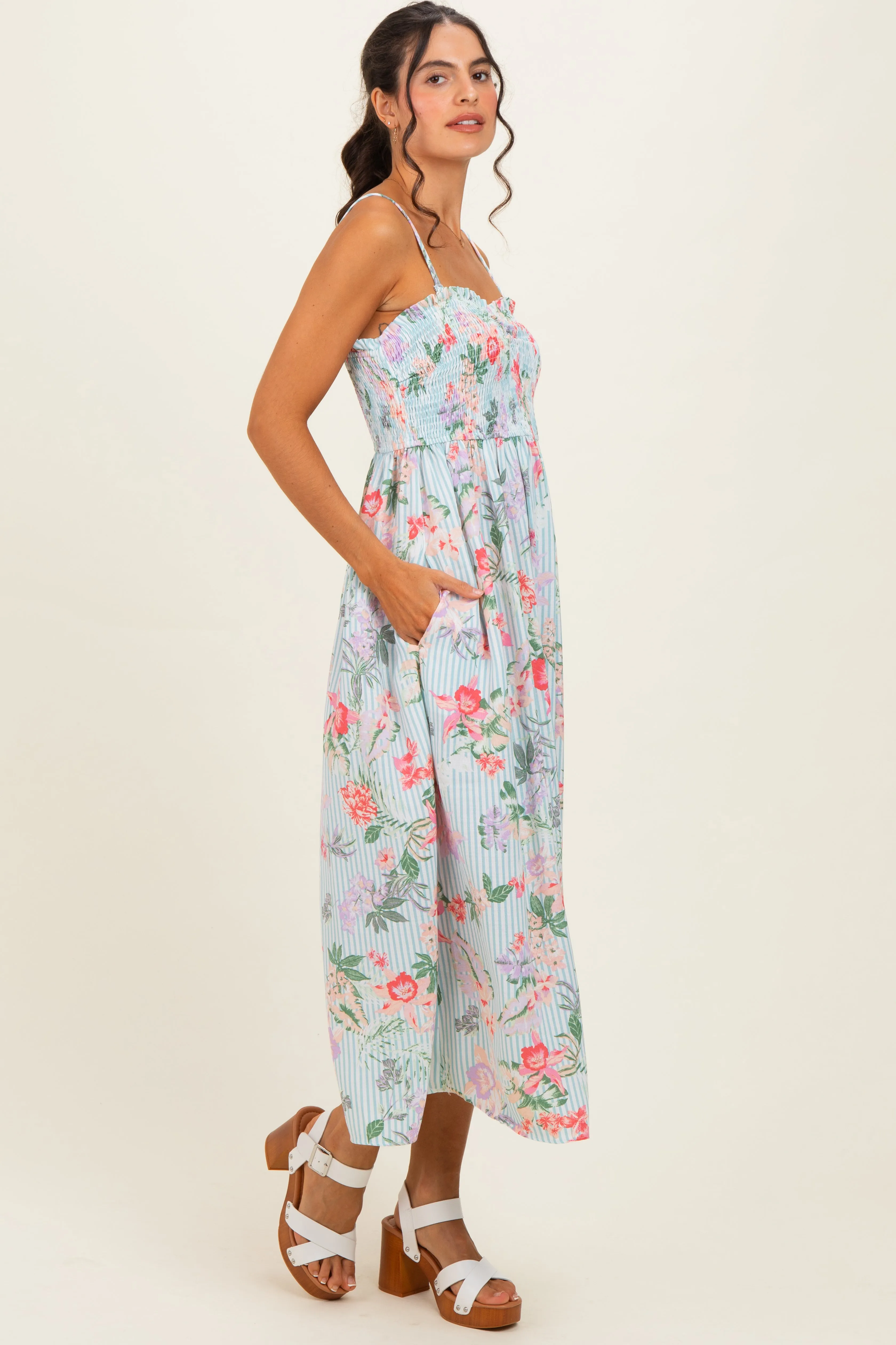 Aqua Multi Floral Print Smocked Chest Maxi Dress sold by Pinkblush product image thumbnail 2