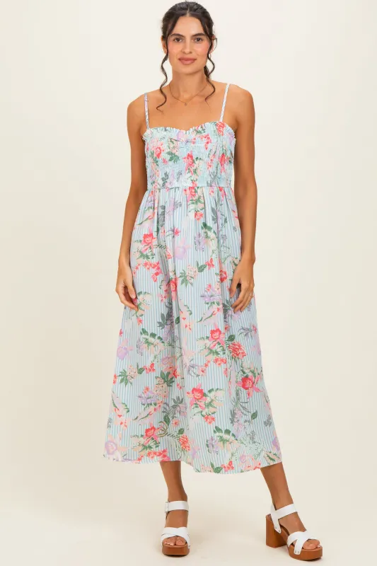 Aqua Multi Floral Print Smocked Chest Maxi Dress made by Hem & Thread