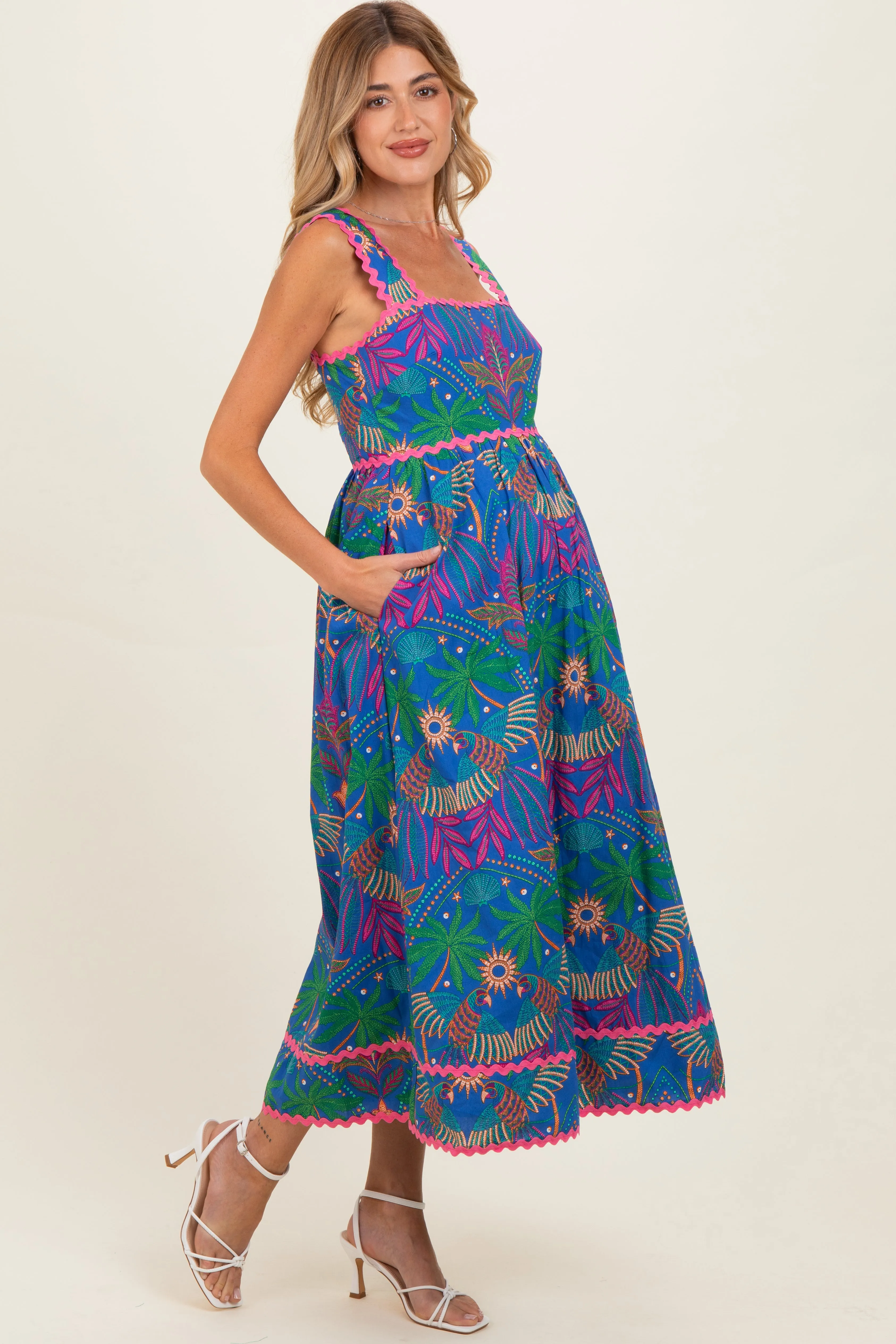 Navy Tropical Embroidery Maternity Midi Dress sold by Pinkblush product image thumbnail 2