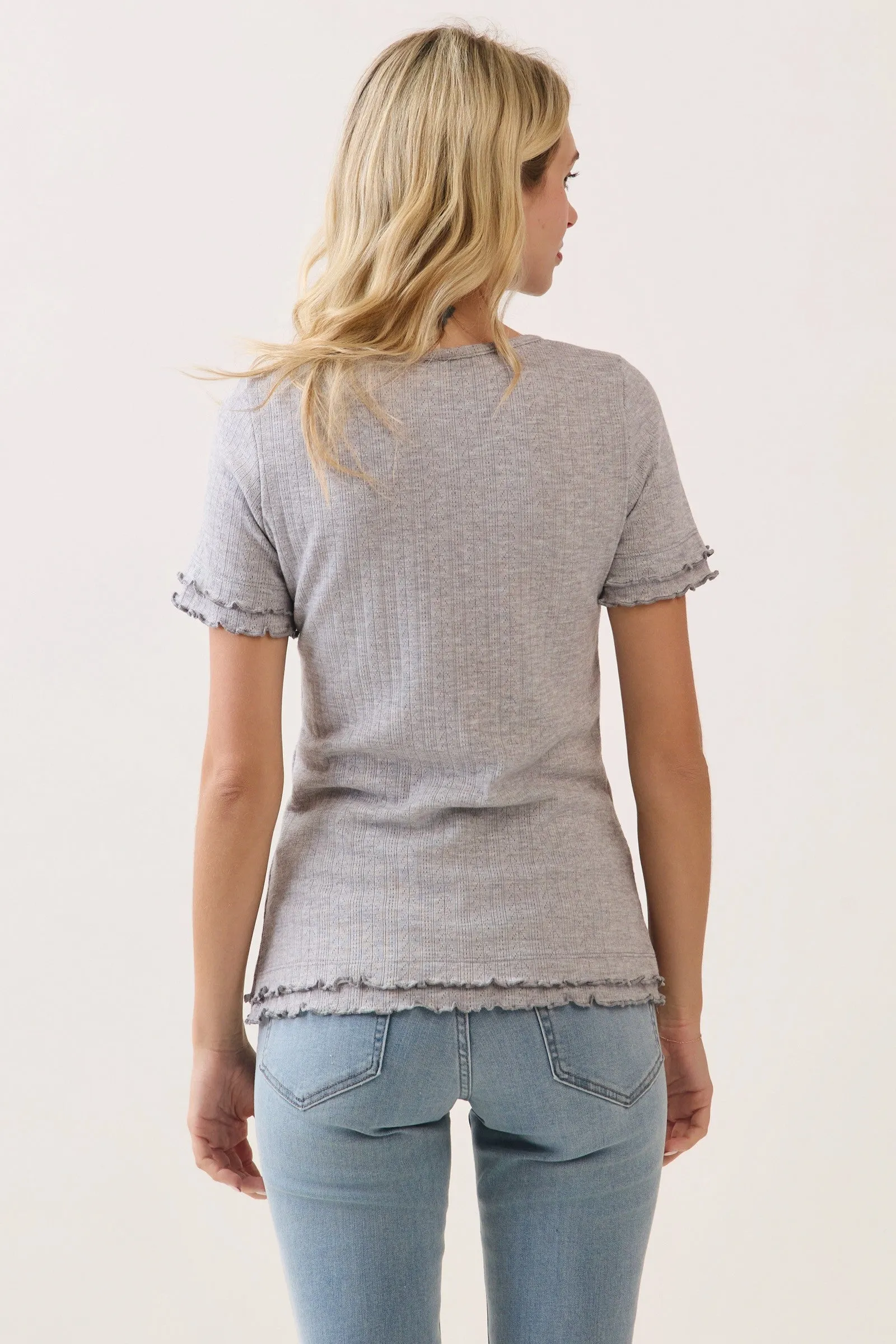 Heather Grey Ruffle Trim Pointelle Knit Henley Top sold by Pinkblush product image thumbnail 3