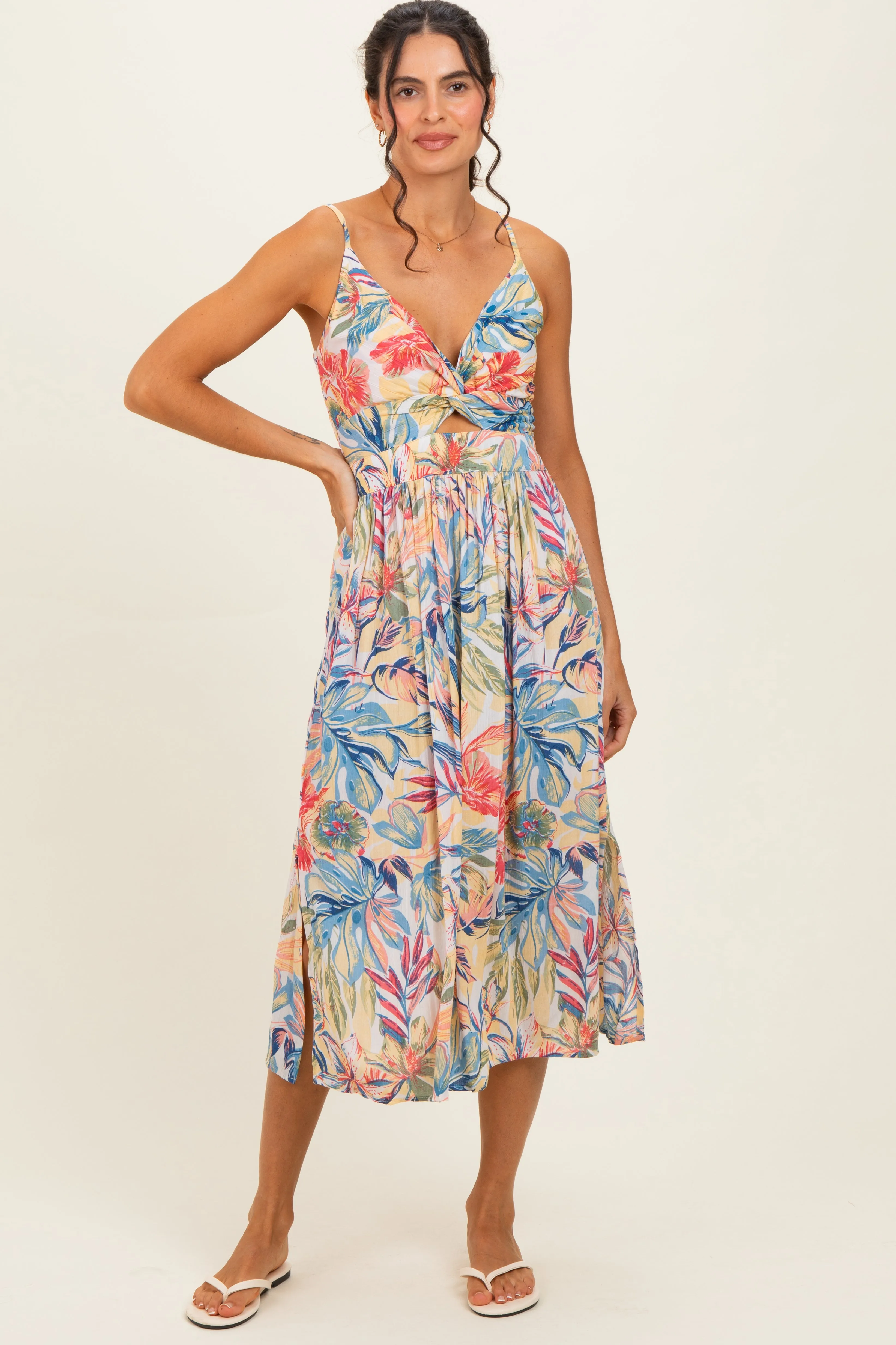 Yellow Tropical Floral Twisted Front Cutout Midi Dress sold by Pinkblush