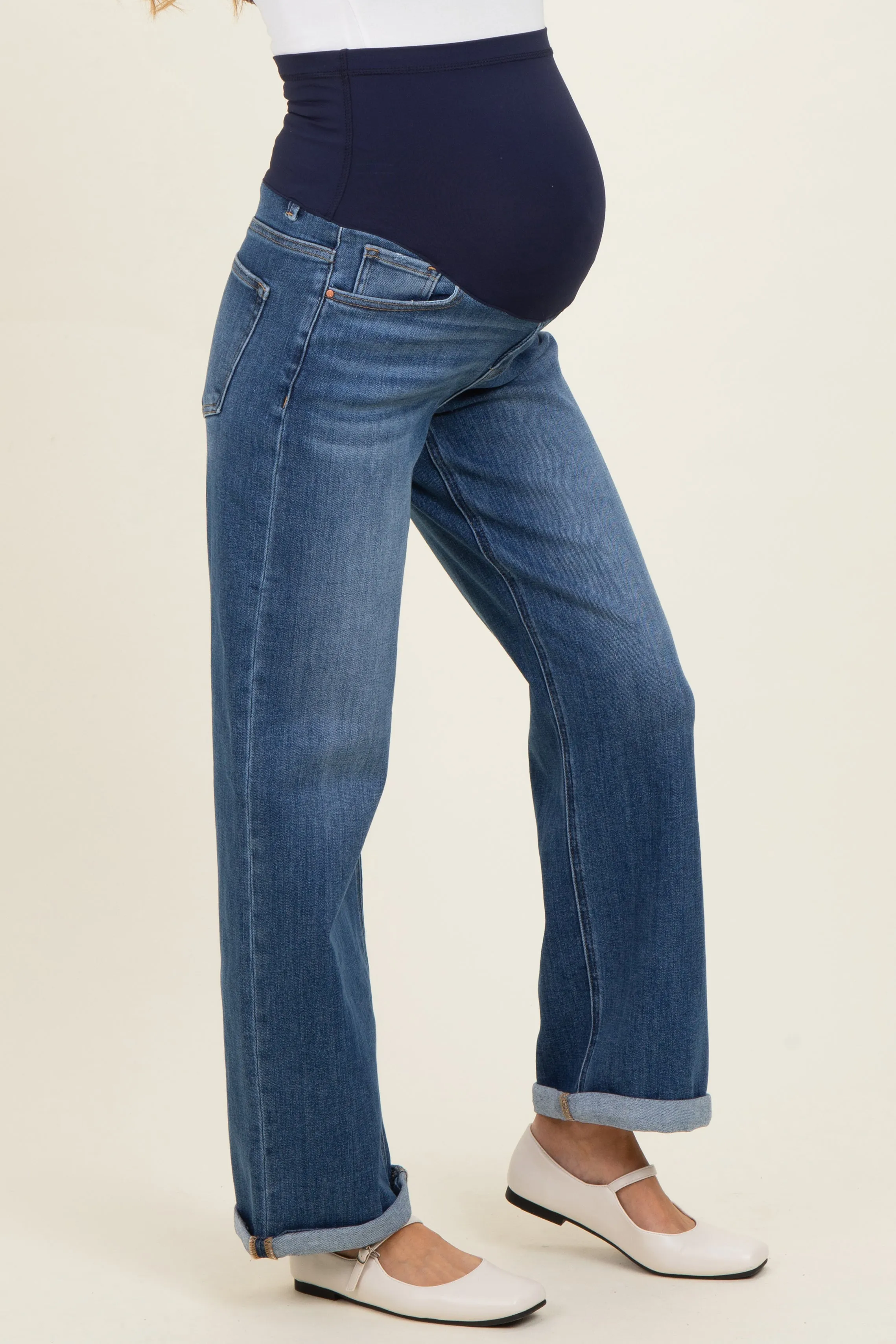 Blue Cuffed Maternity Wide Leg Jeans sold by Pinkblush