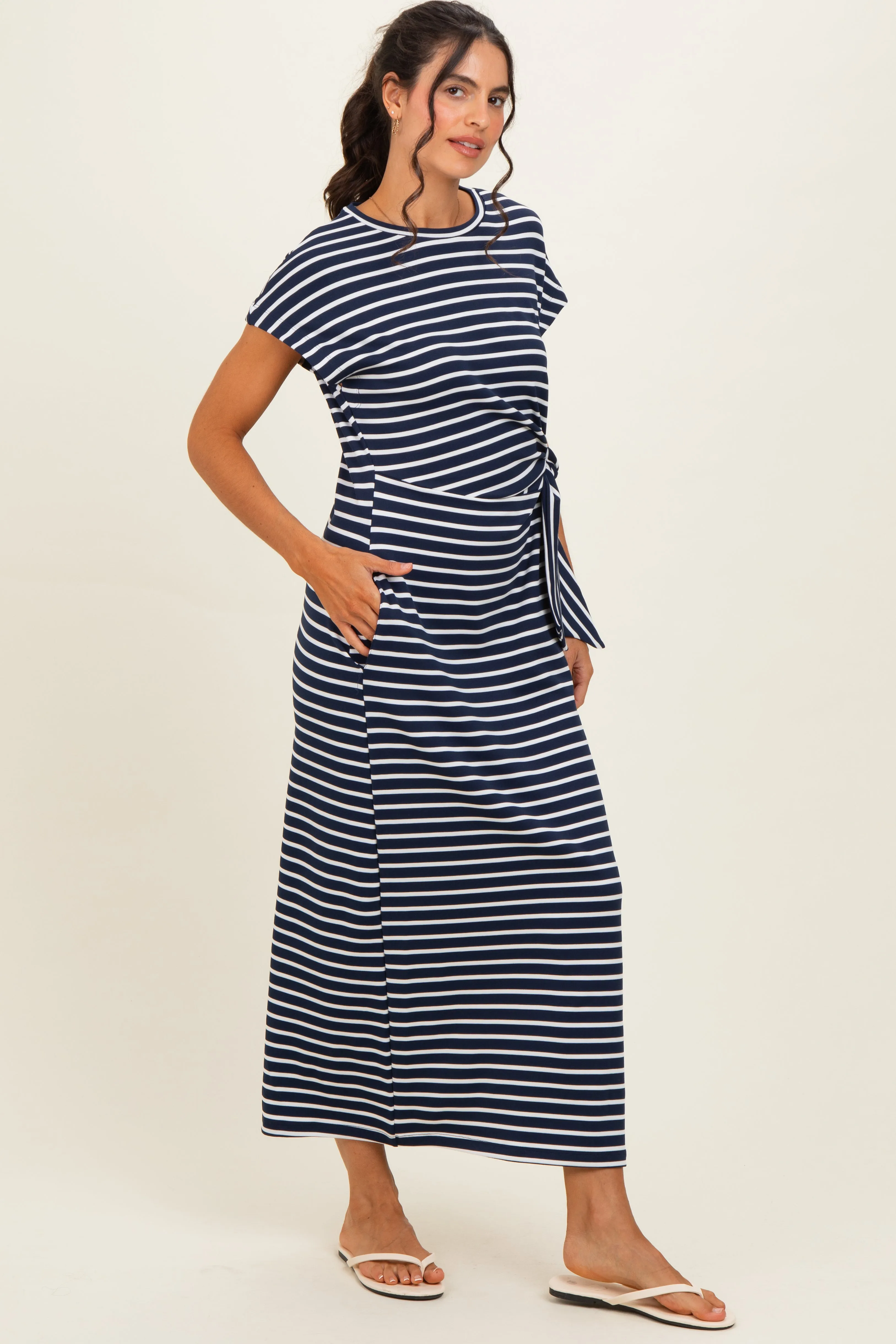 Navy Striped Side Tie Midi Dress sold by Pinkblush product image thumbnail 2