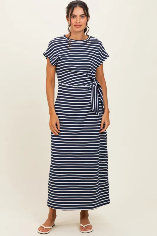 Navy Striped Side Tie Midi Dress made by entro