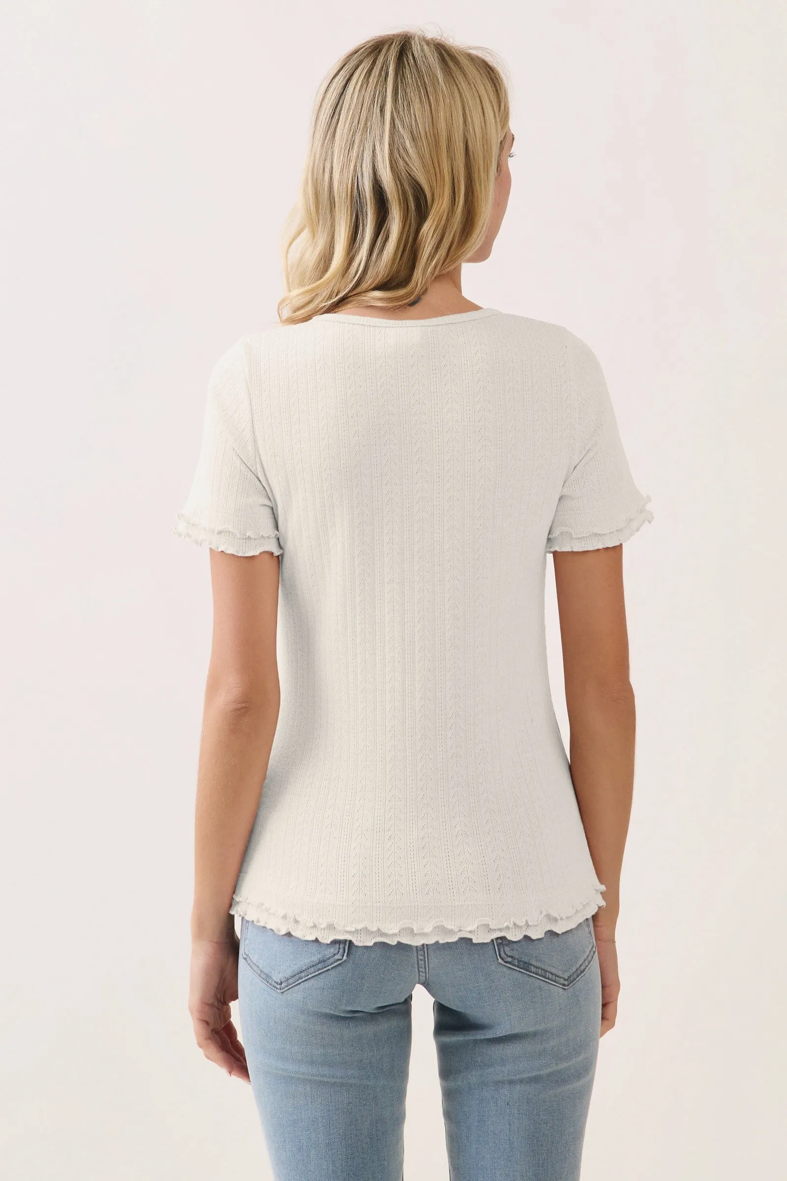 Off White Ruffle Trim Pointelle Knit Henley Top sold by Pinkblush product image thumbnail 3
