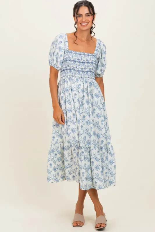 Porcelain Blue Floral Smocked Puff Sleeve Midi Dress made by Hem & Thread