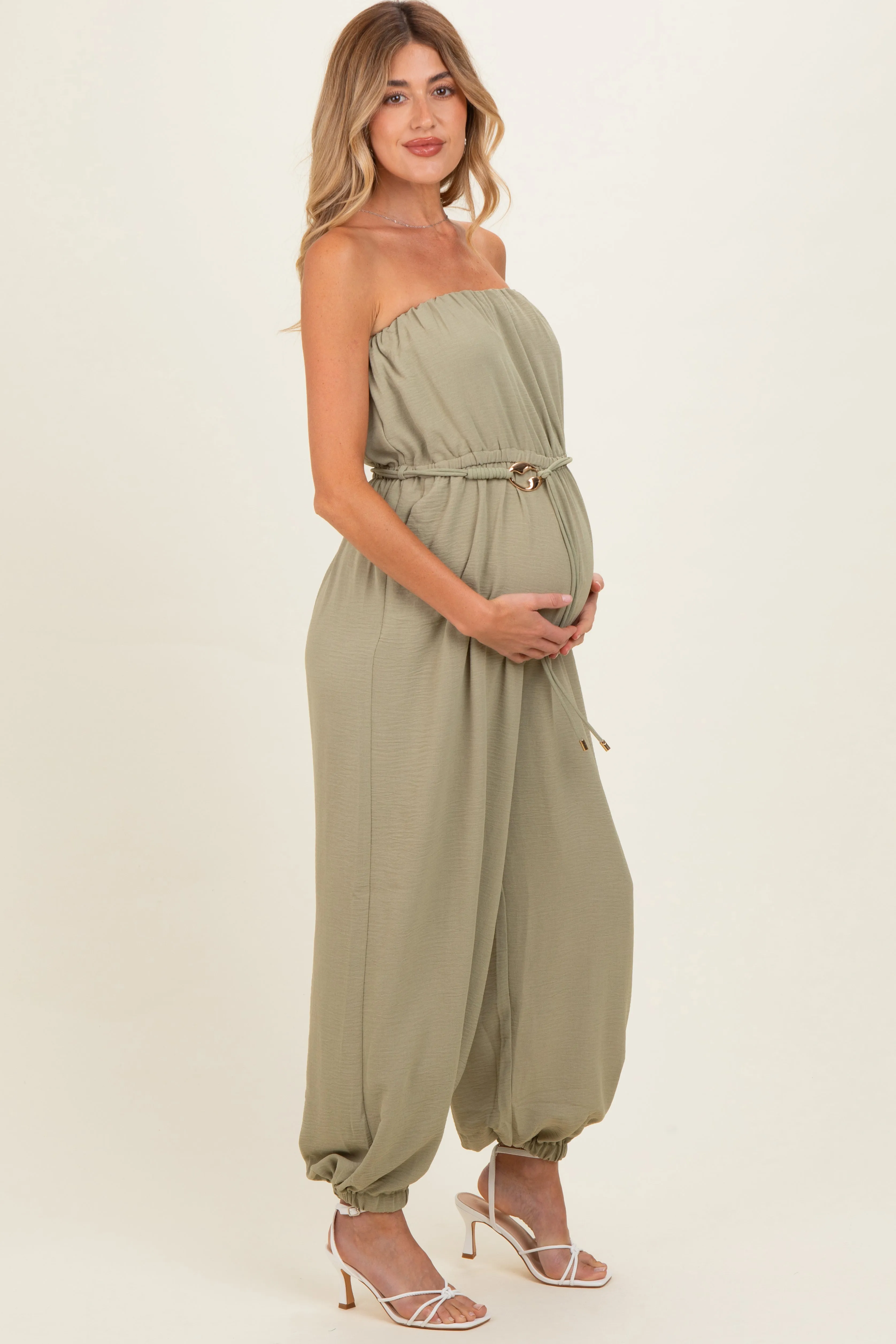 Olive Crinkled Tube Balloon Maternity Jumpsuit sold by Pinkblush product image thumbnail 3