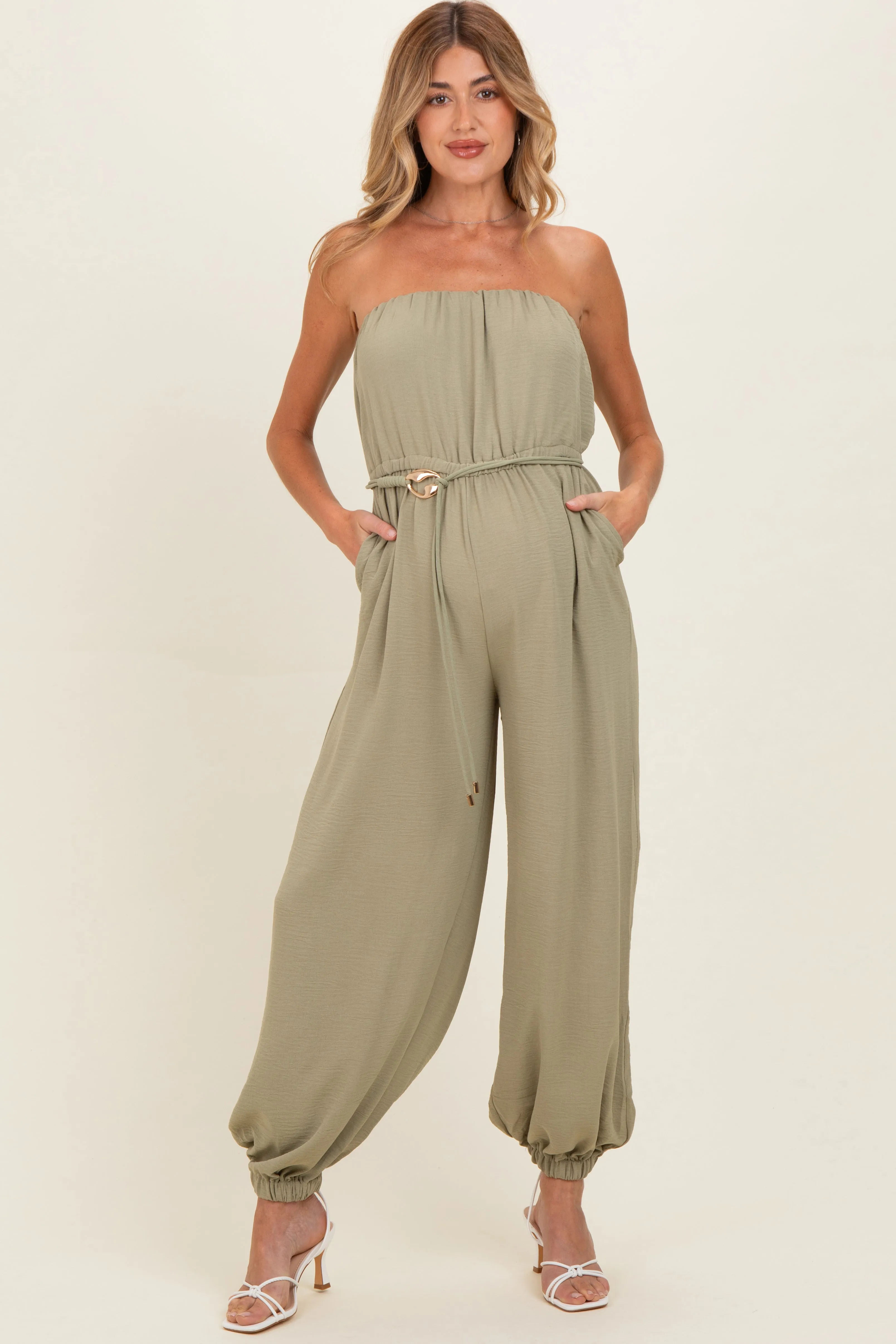 Olive Crinkled Tube Balloon Maternity Jumpsuit sold by Pinkblush product image thumbnail 2