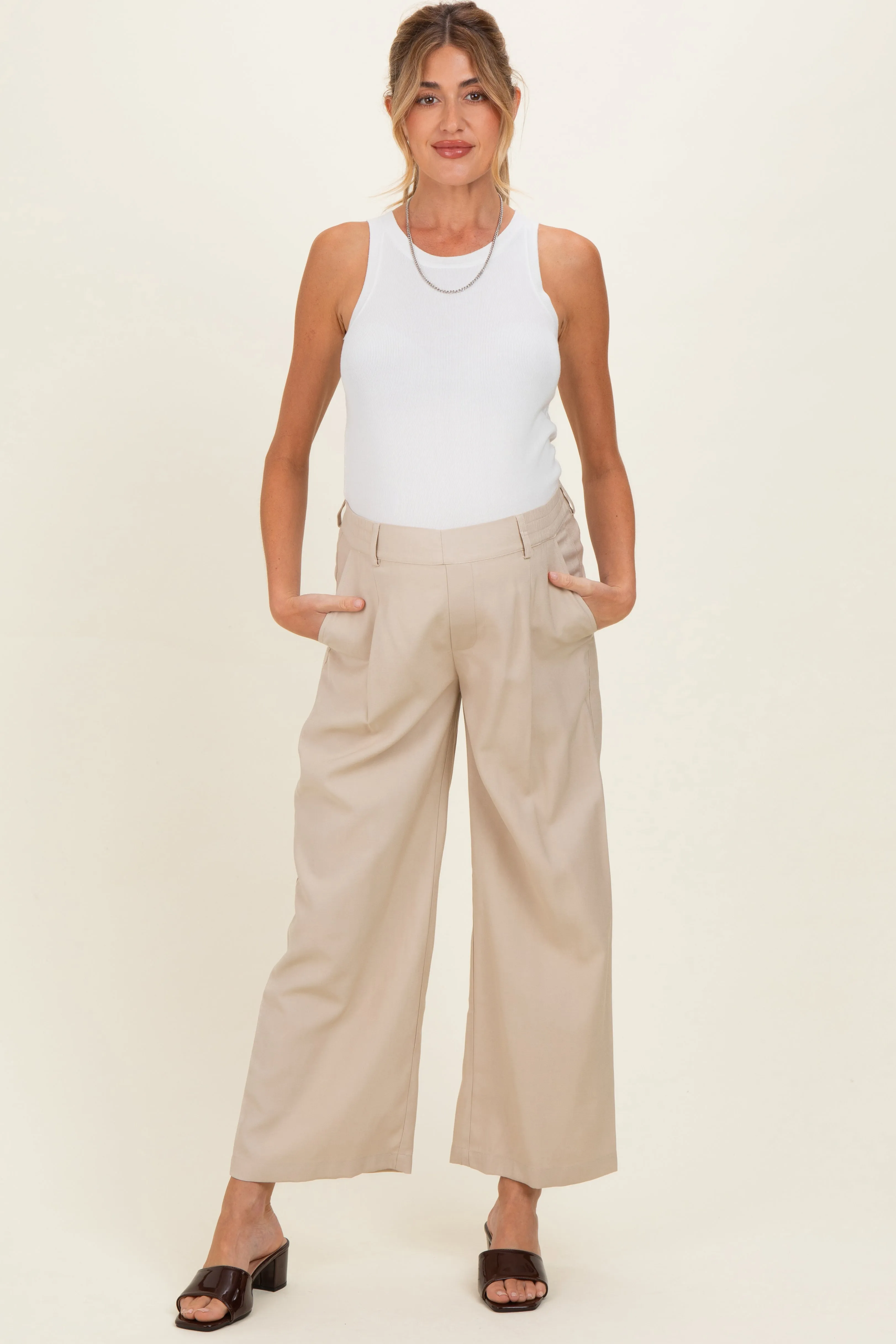 Beige Elastic Waistband Maternity Trousers sold by Pinkblush