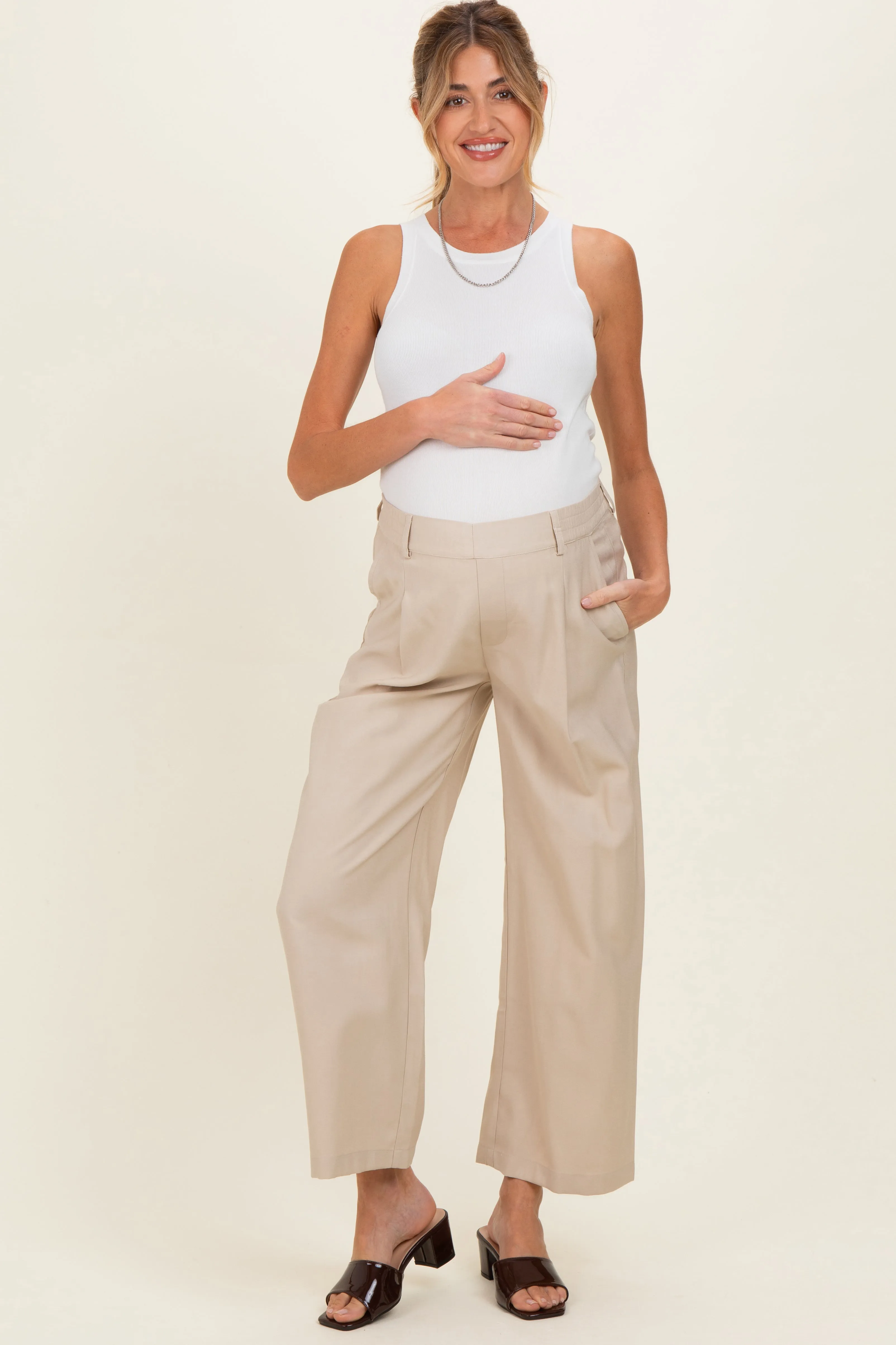 Beige Elastic Waistband Maternity Trousers sold by Pinkblush product image thumbnail 2