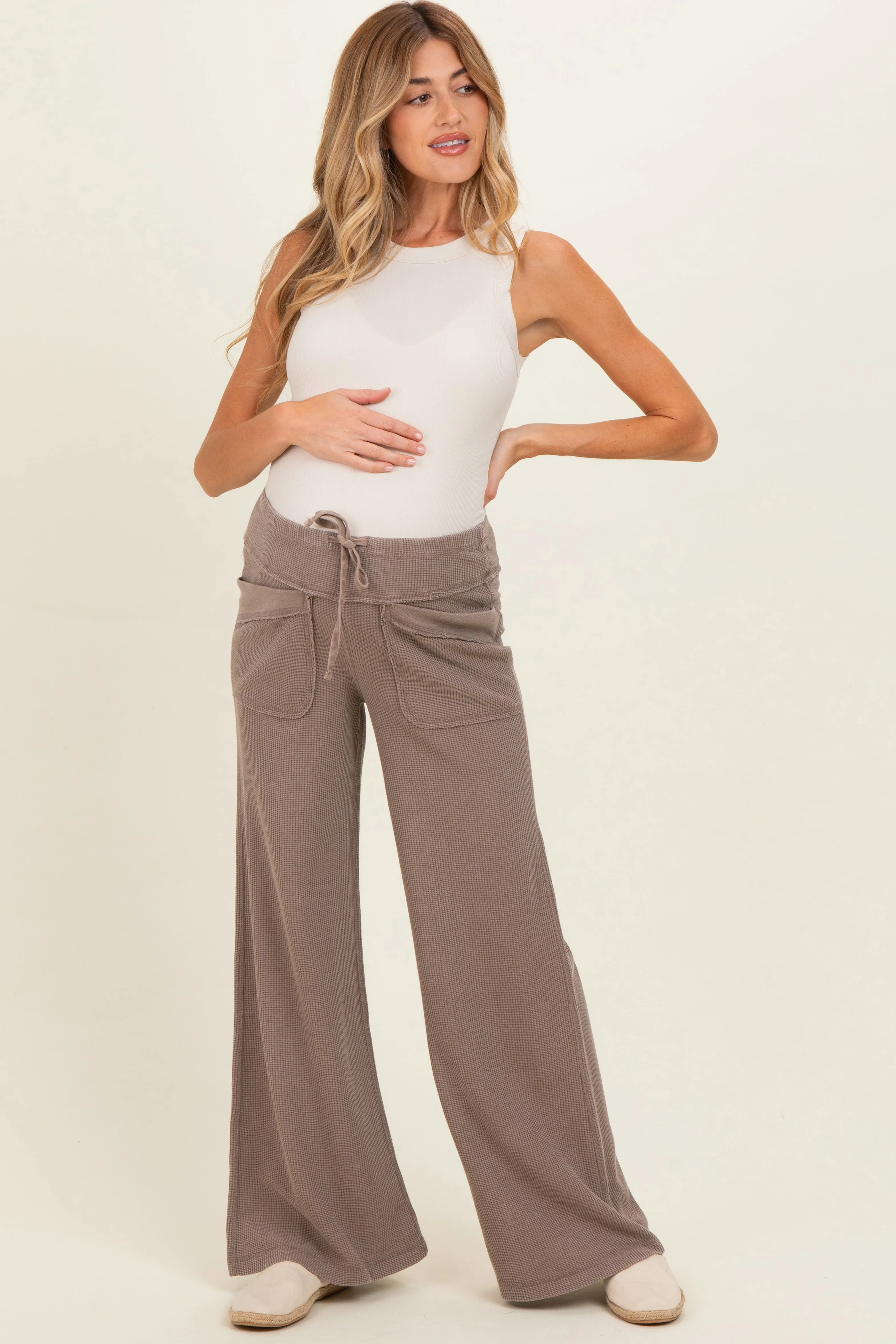 Mocha Mineral Wash Waffle Knit Wide Leg Maternity Pants sold by Pinkblush