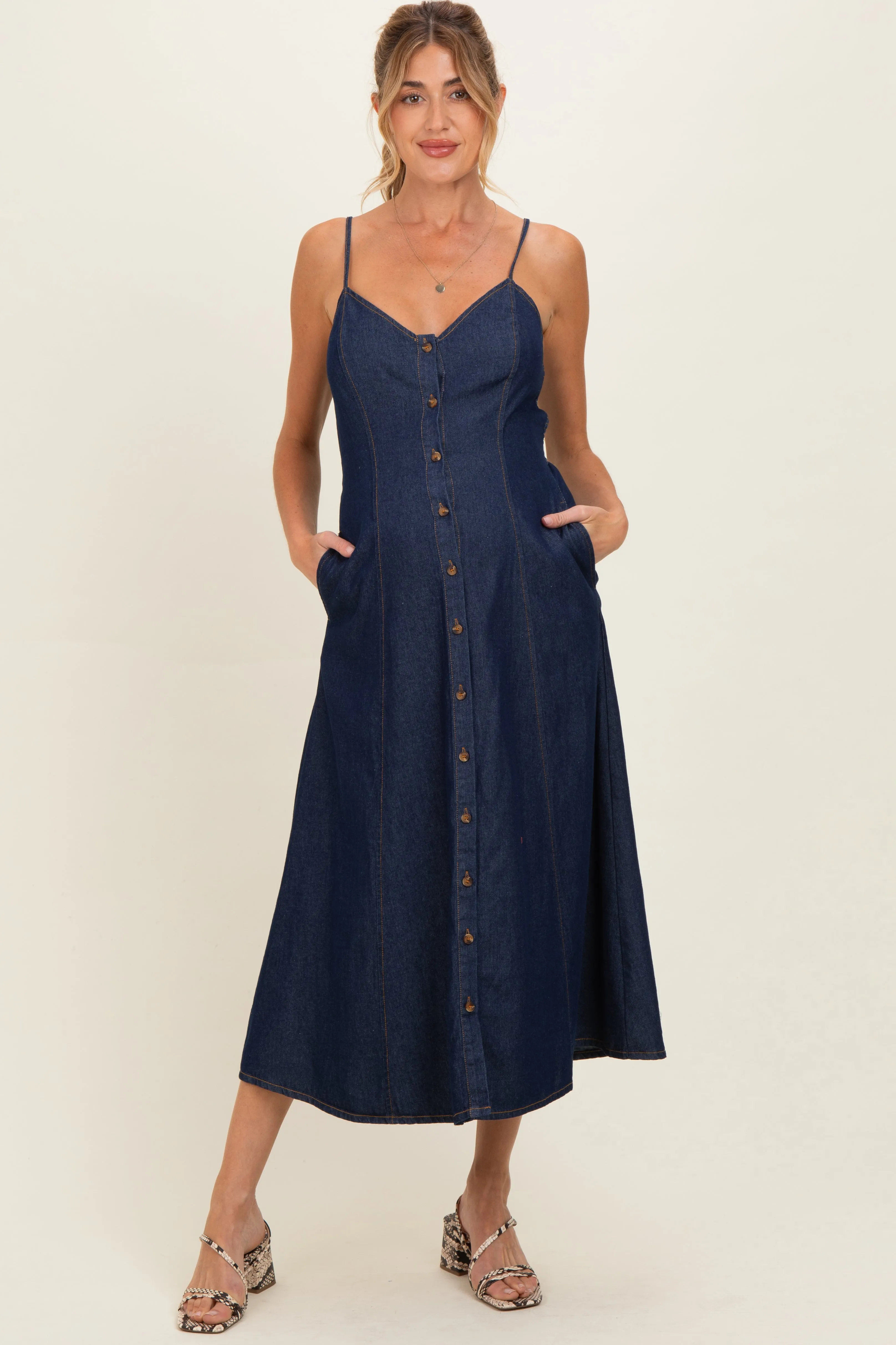 Navy Button-Down Denim Maternity Midi Dress sold by Pinkblush