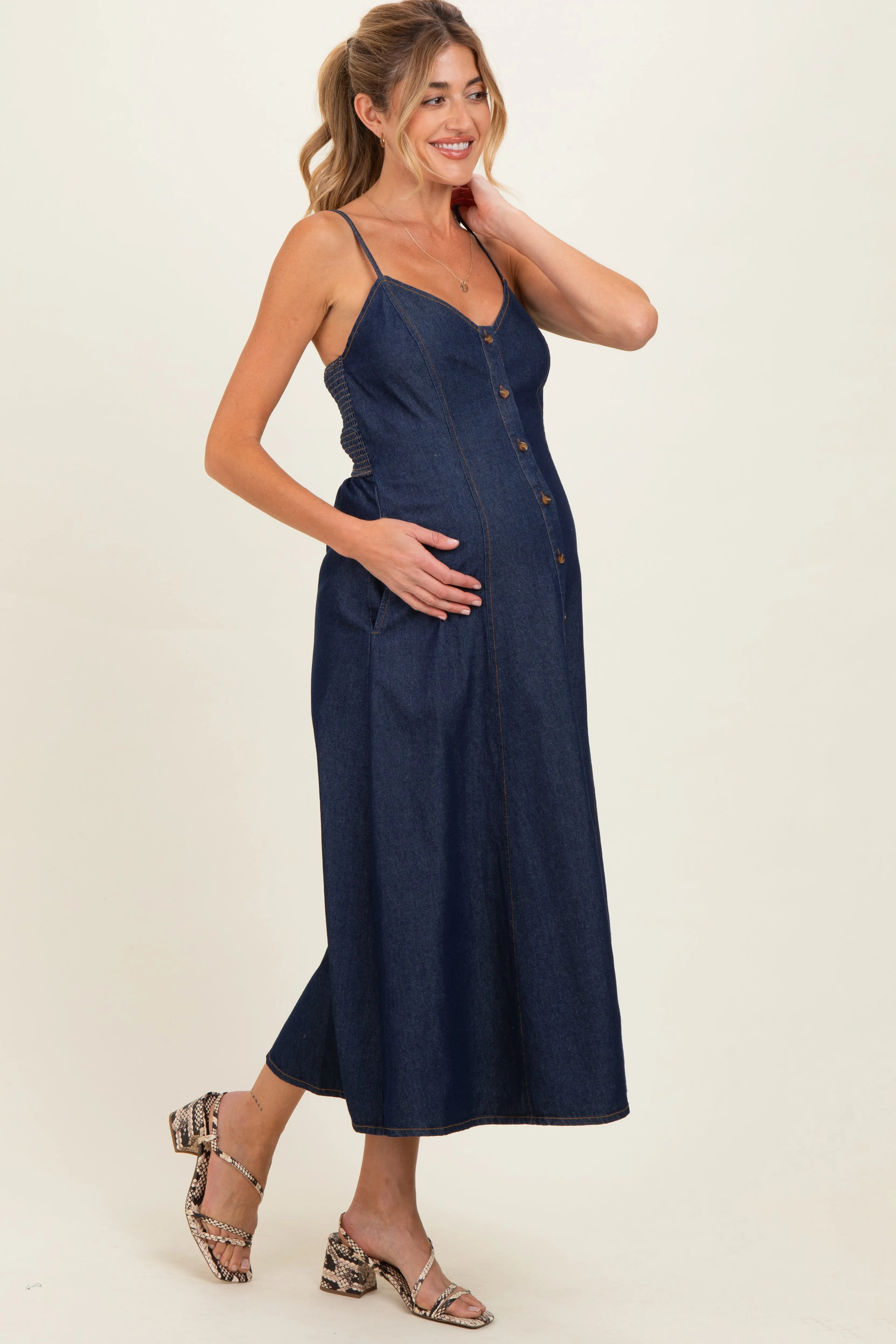 Navy Button-Down Denim Maternity Midi Dress sold by Pinkblush product image thumbnail 2