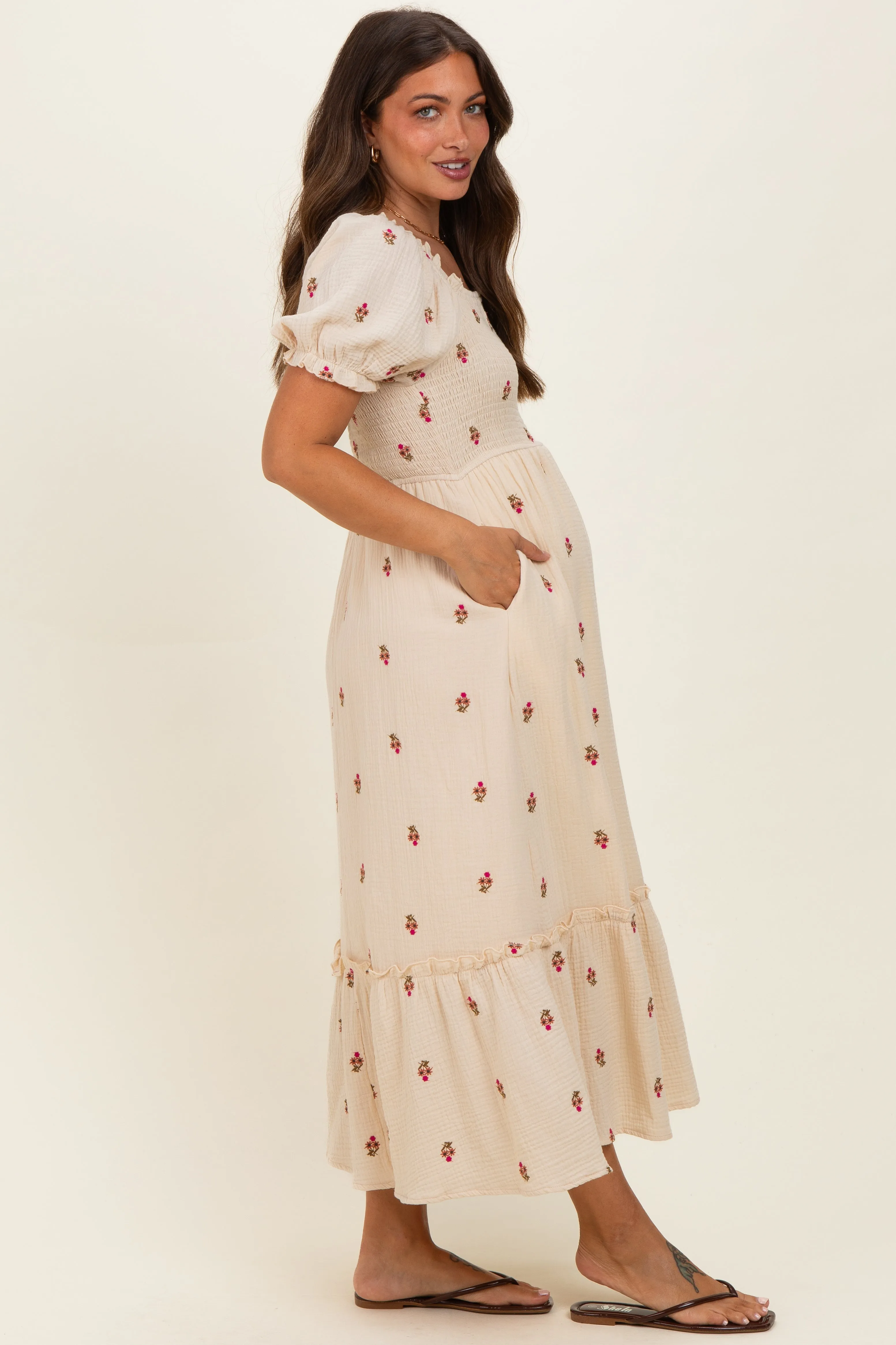 Cream Embroidered Smocked Maternity Midi Dress sold by Pinkblush product image thumbnail 2