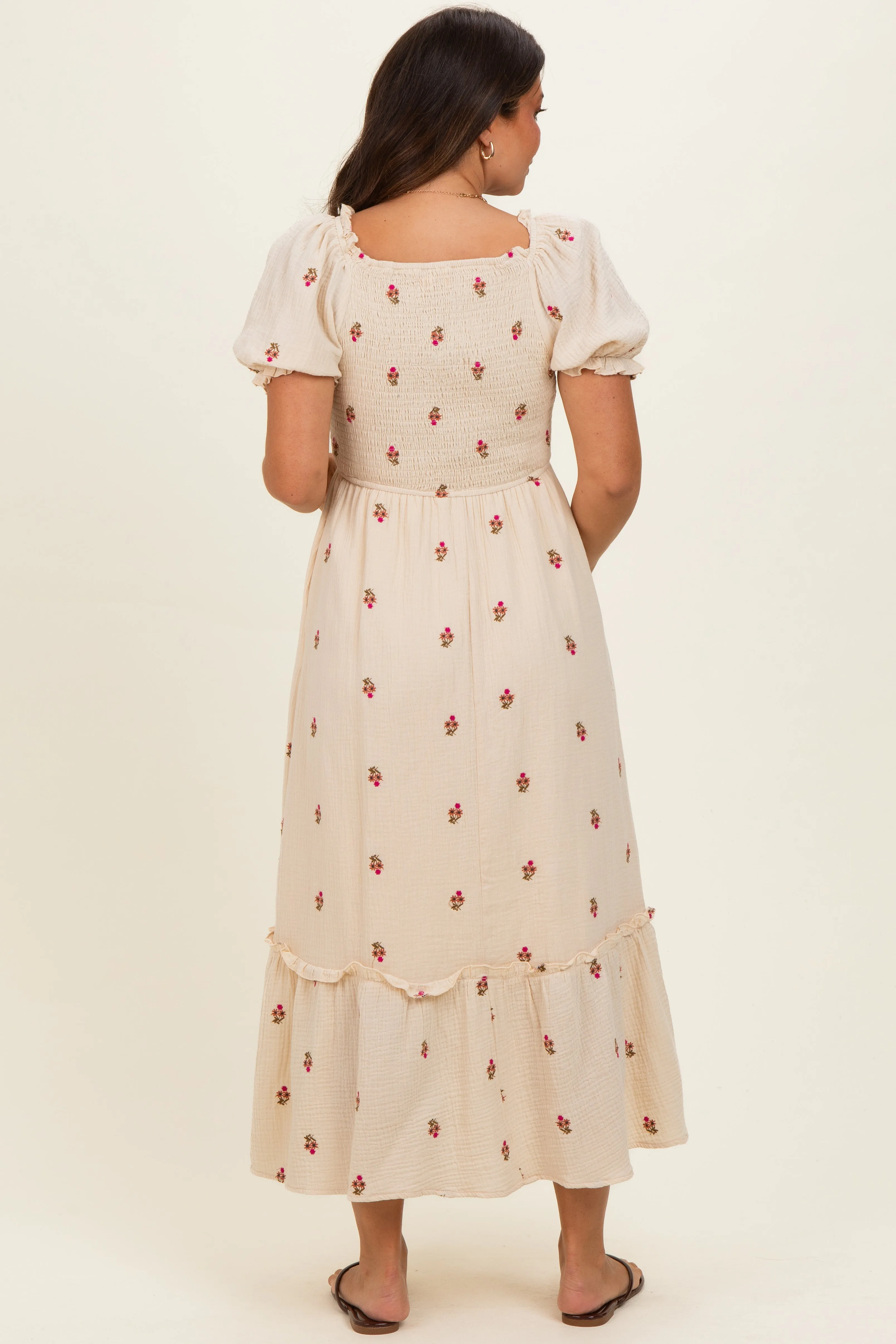 Cream Embroidered Smocked Maternity Midi Dress sold by Pinkblush product image thumbnail 3