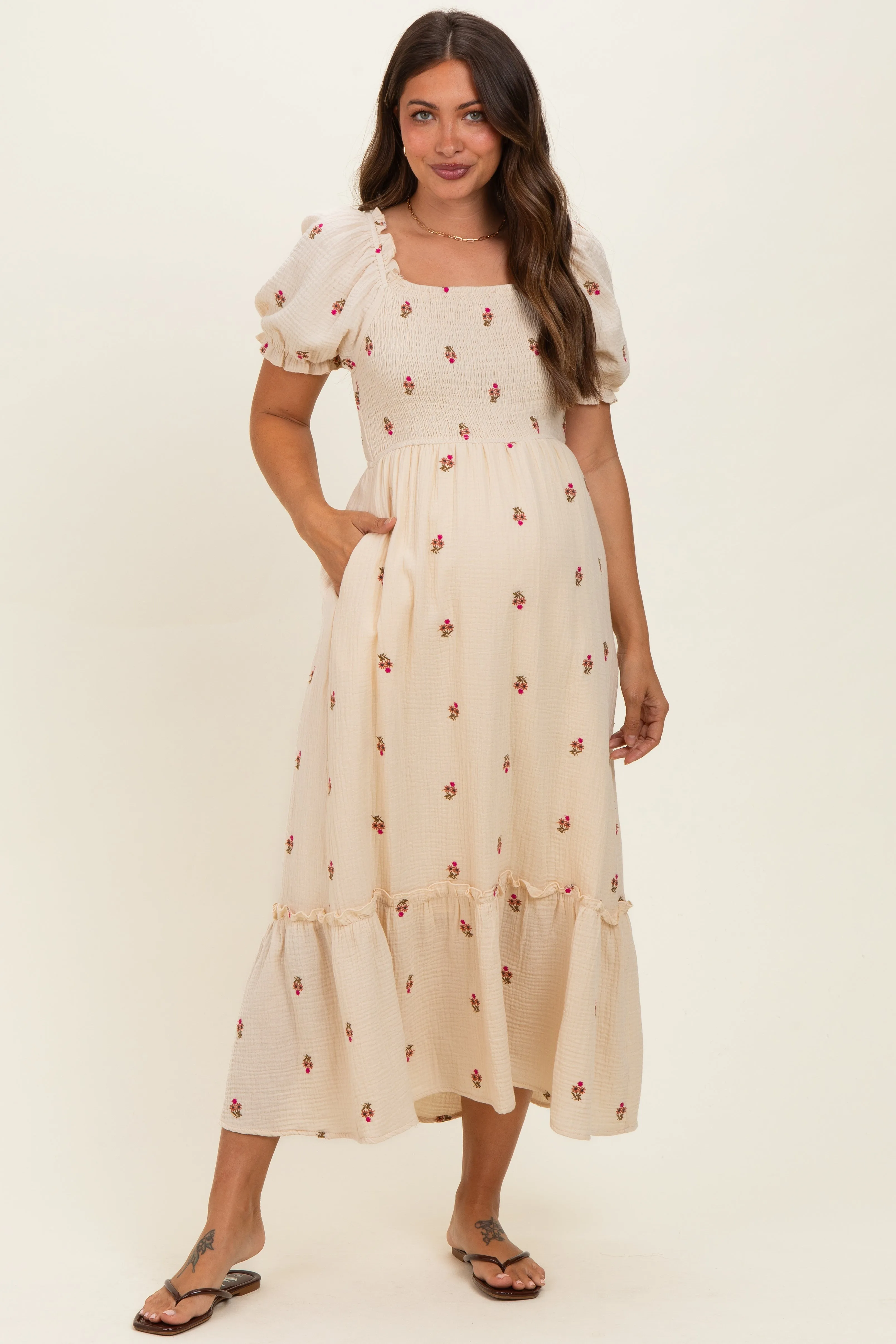 Cream Embroidered Smocked Maternity Midi Dress sold by Pinkblush